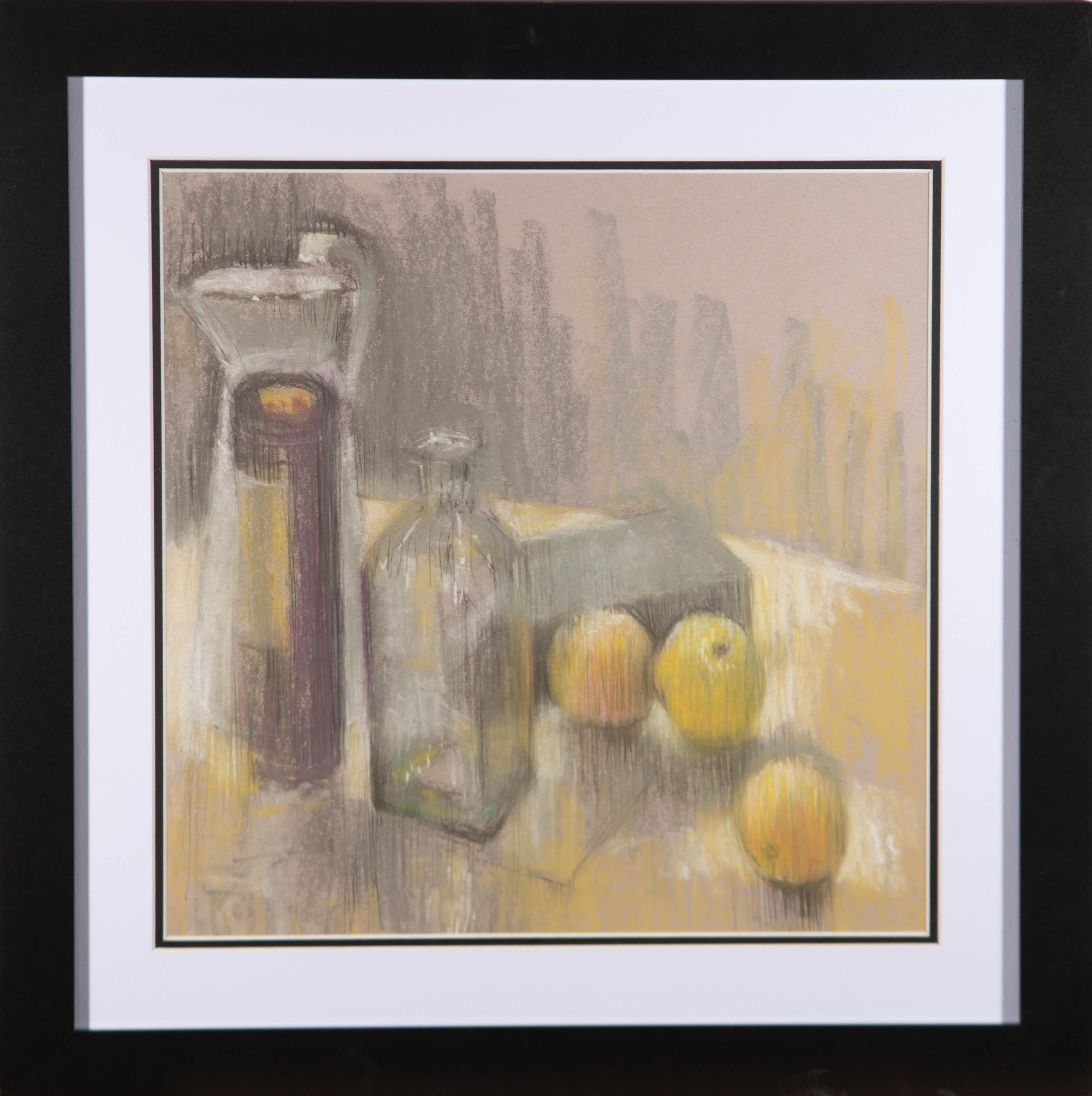 Unknown Still-Life - Val Hamer - Contemporary Pastel, Glass Bottle and Green Apples
