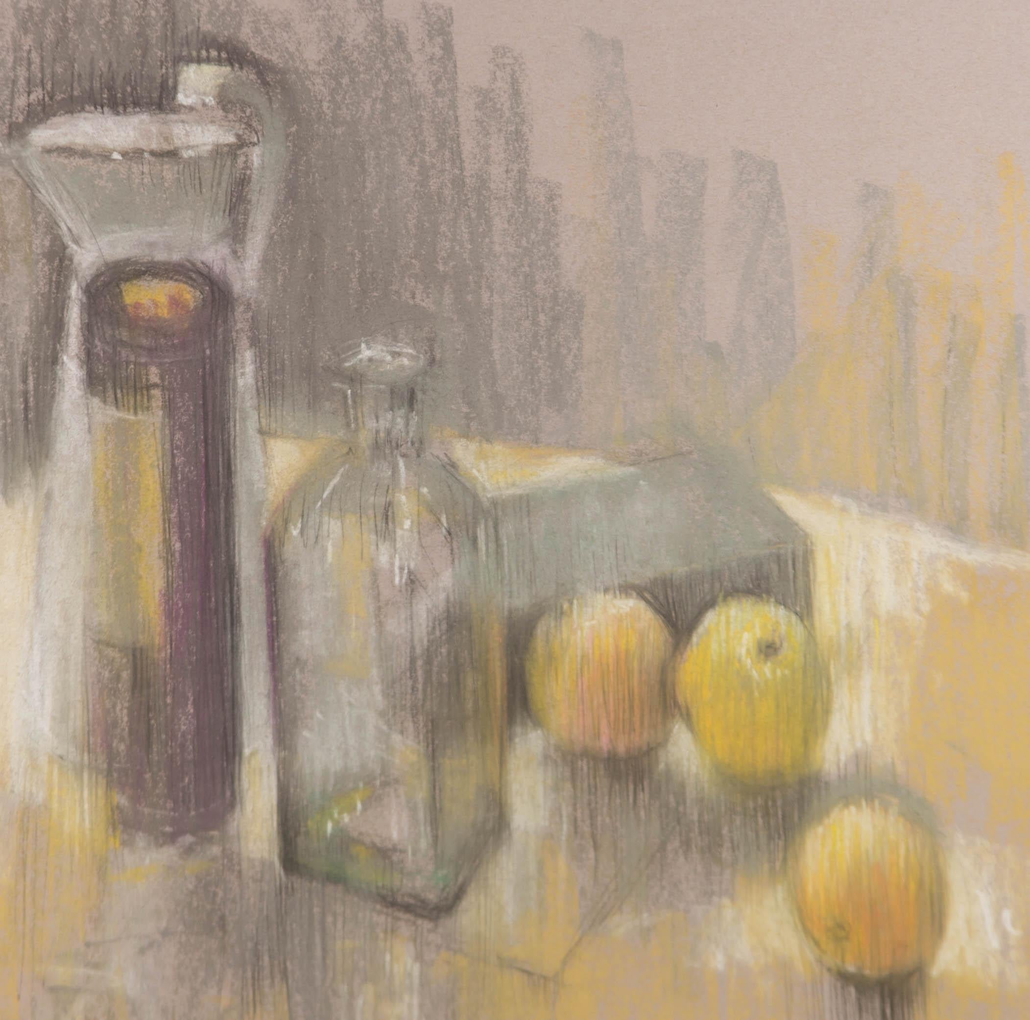 Val Hamer - Contemporary Pastel, Glass Bottle and Green Apples - Art by Unknown