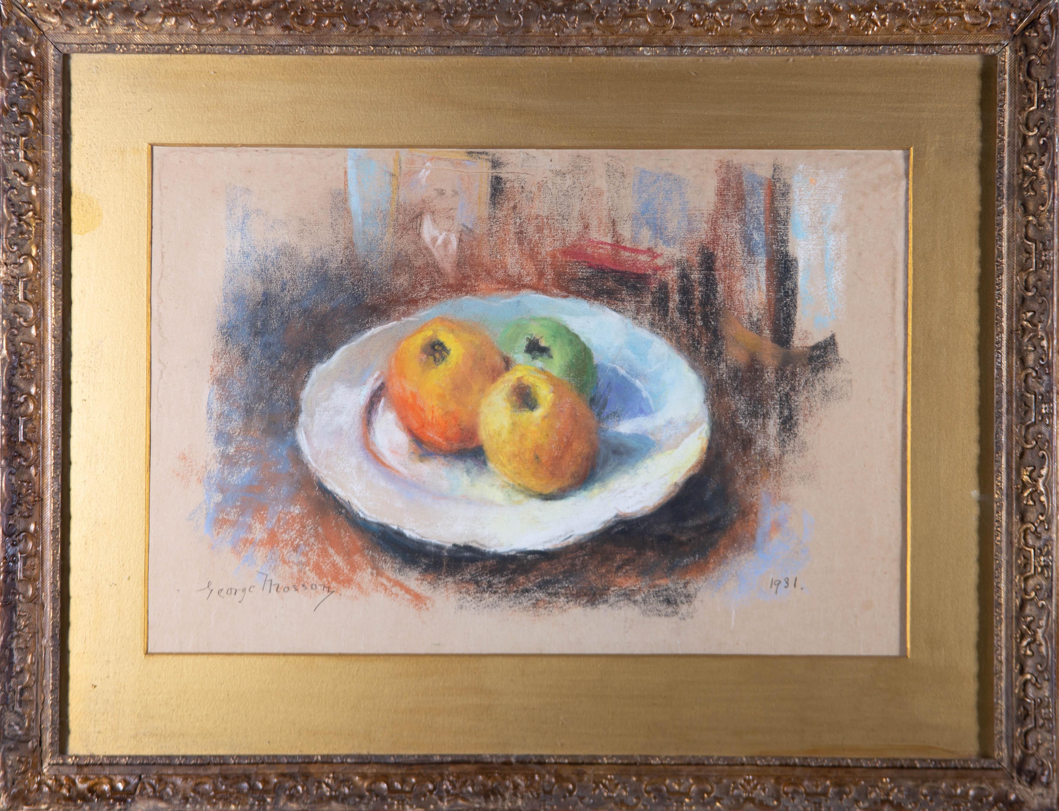 A fine pastel drawing by the Franco-German artist George Mosson, depicting three vibrant apples on a white plate. This striking sketch-like drawing clearly illustrates the artist's proficiency in the subject and medium. Mosson's thoughtful use of