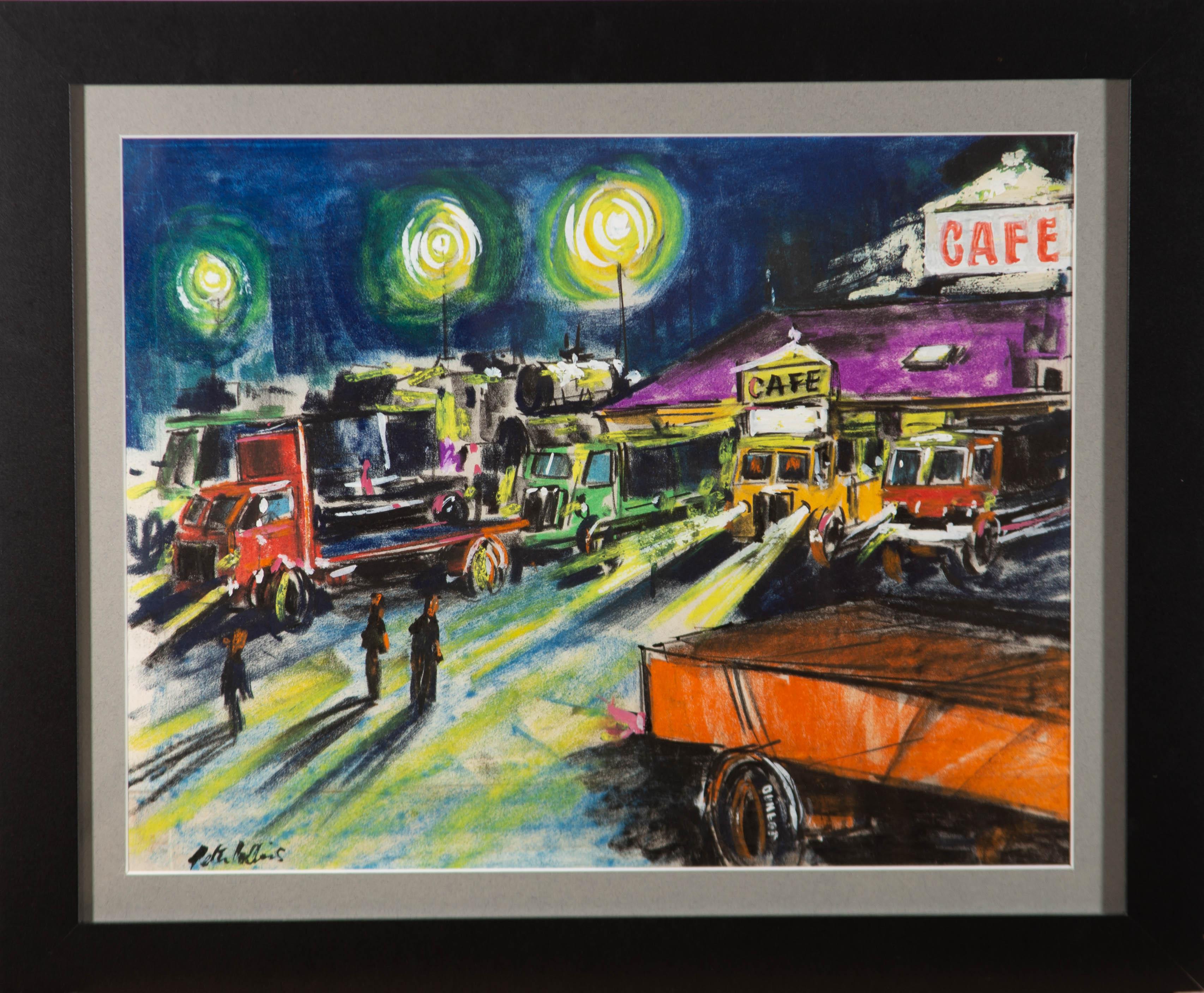 An engaging oil pastel painting with charcoal and gouache by the British artist Peter Collins. The scene depicts a night view of several parked lorries by a cafe with figures. In loose strokes and a vibrant colour palette, the artist was able to