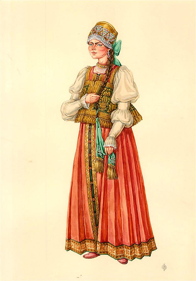 An inscription on the reverse reads 'Girl in festive costume. Nizhny Novgorod Province, second half of the 19th century.' The artwork is also neatly monogrammed, signed, and dated. Well presented in a teal mount. On wove.