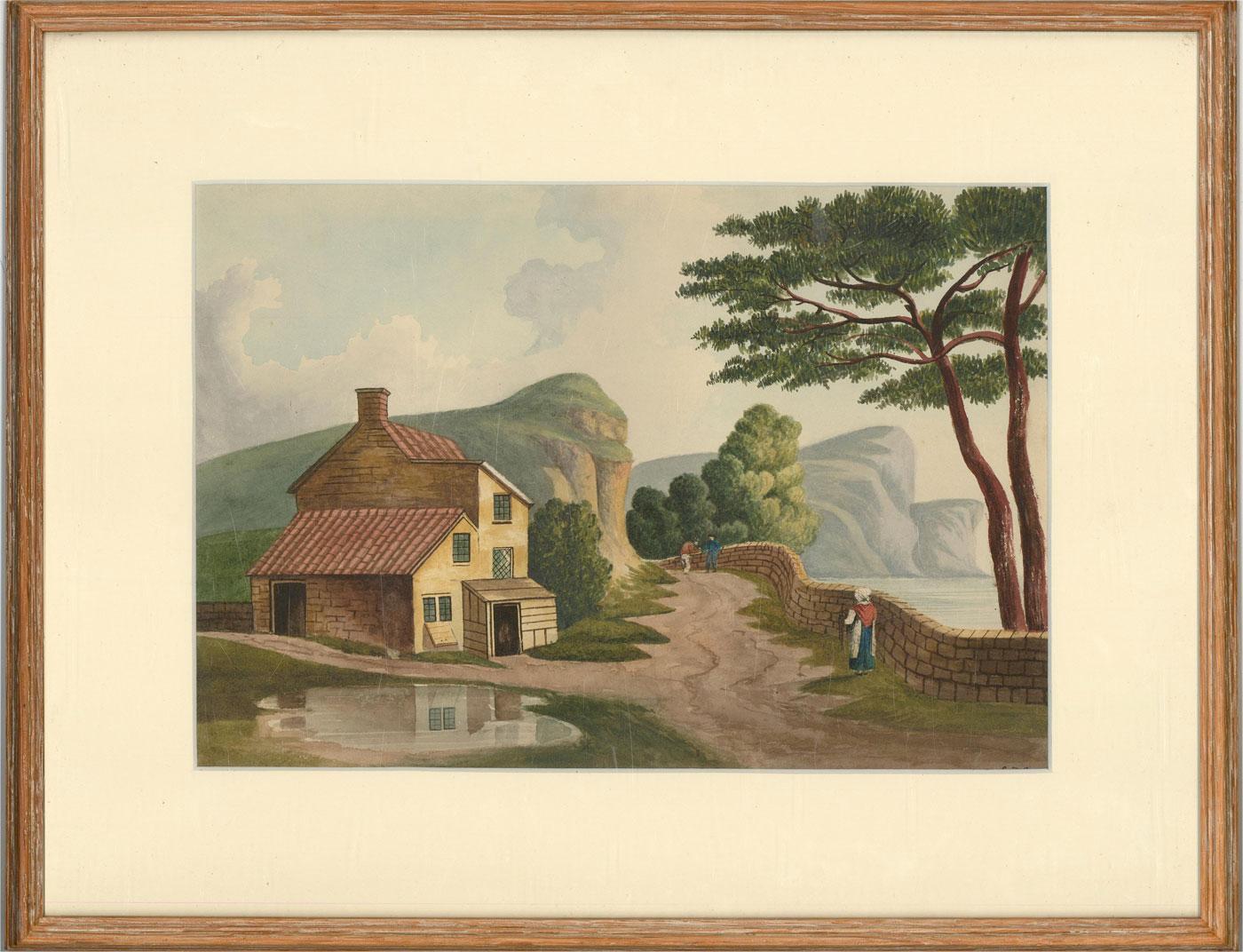 A captivating watercolour painting with gouache details by Sophia Stansbury. The scene depicts a sea view with a small house with figures nearby and cliffs in the distance. Signed and dated verso. Monogrammed 'SJS' to the lower right-hand corner,