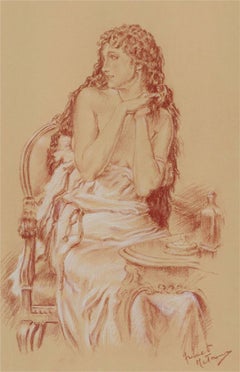 Franco Matania (1922-2006) - 20th Century Chalk Drawing, Areglando Su Melena