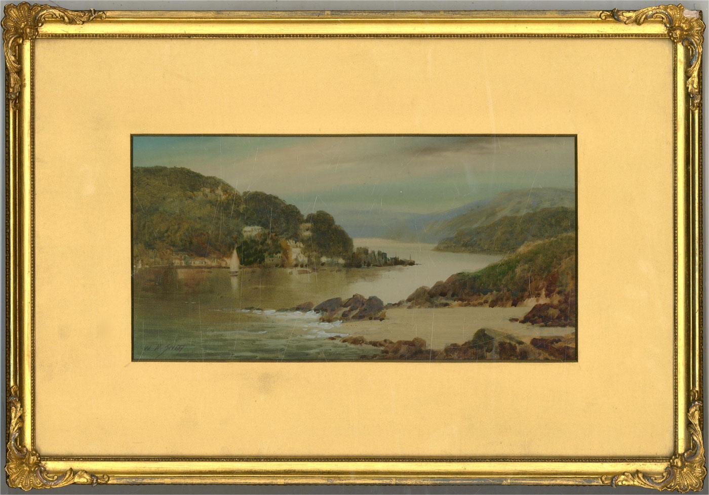 A fine early 20th century watercolour painting with gouache details by the artist William Henry Sweet. The scene depicts a river scene with a small town. Signed to the lower left-hand corner. Listings by William Henry Sweet often appear as Walter