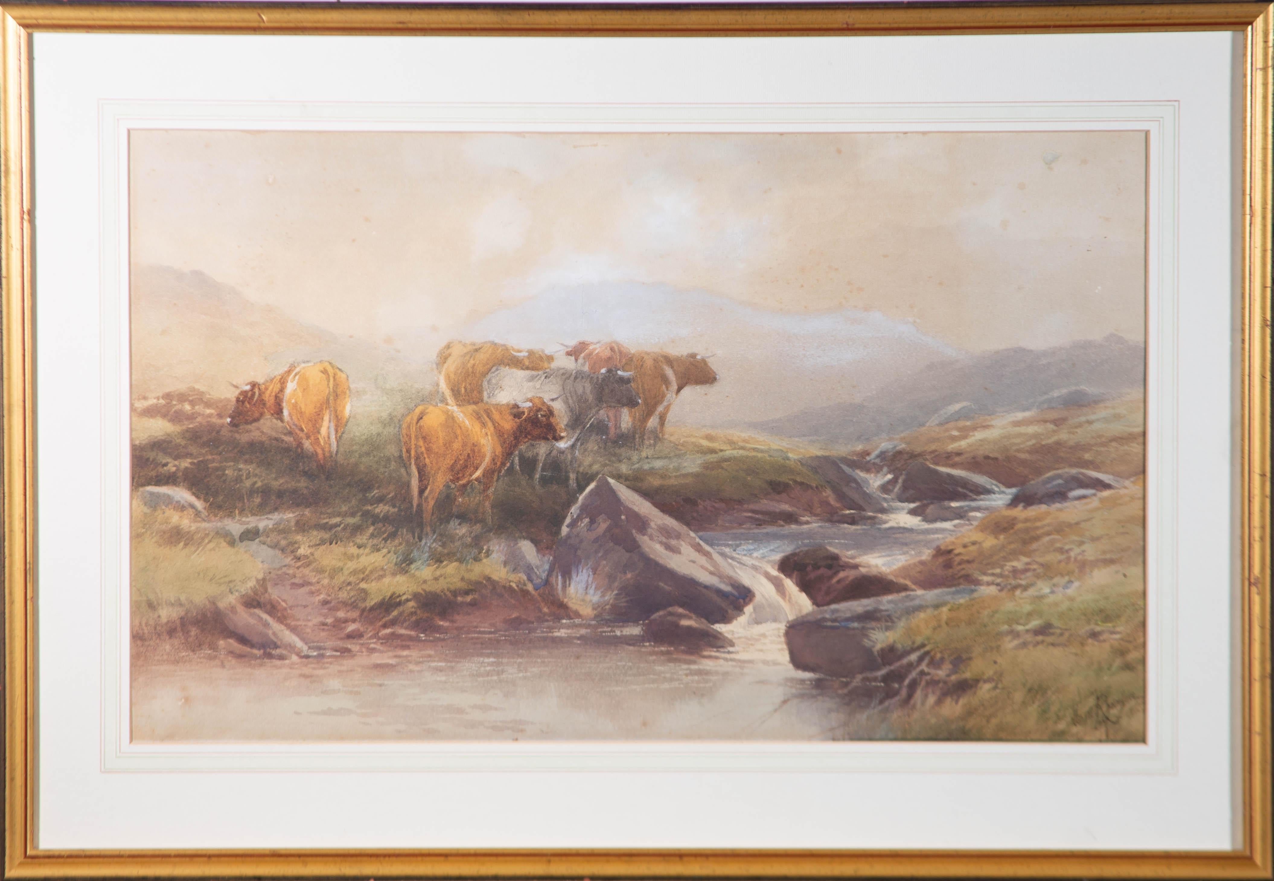 Unknown Landscape Art - Thomas Rowden (1842-1926) - 1897 Watercolour, Cattle Graze By A Mountain Spring