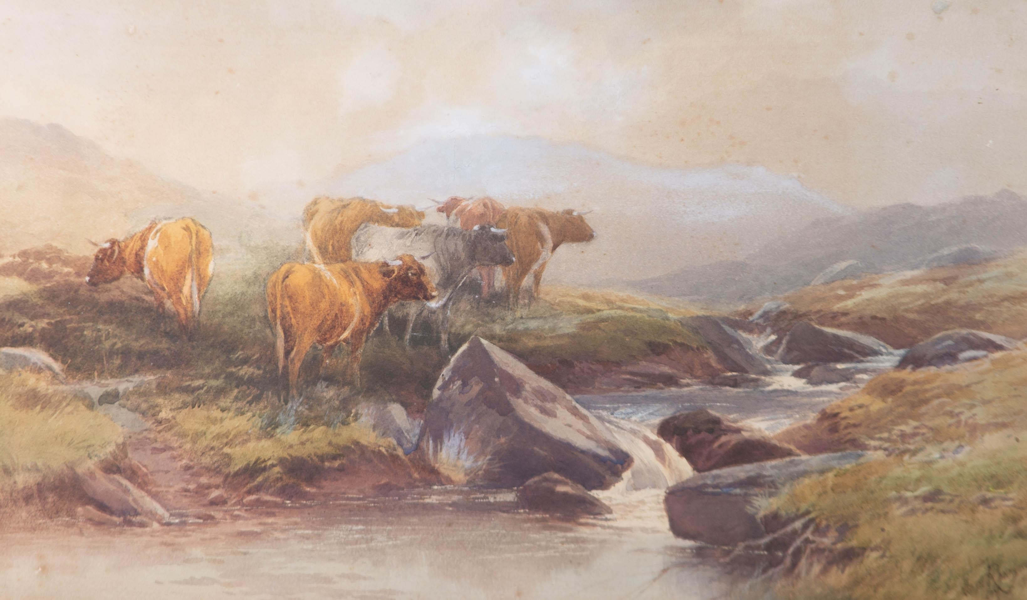 Thomas Rowden (1842-1926) - 1897 Watercolour, Cattle Graze By A Mountain Spring - Art by Unknown
