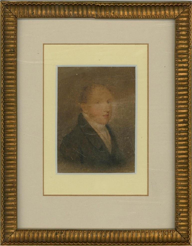 A delicate miniature watercolour portrait by the prestigious and Georgian painter Adam Buck (1759â€“1833). The artist had a clear understanding of facial structure and the lips have been rendered with Buck's signature crisp return shadow. The man