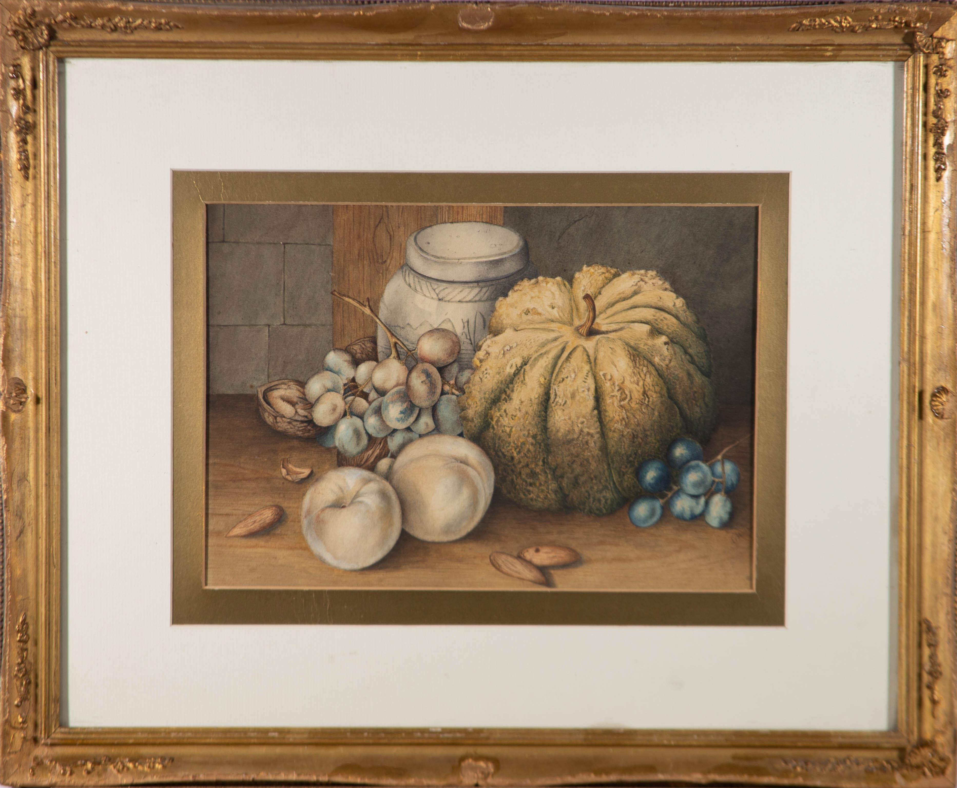 Unknown Still-Life - E.H. - Late 19th Century Watercolour, Still Life with Grapes and Pumpkin