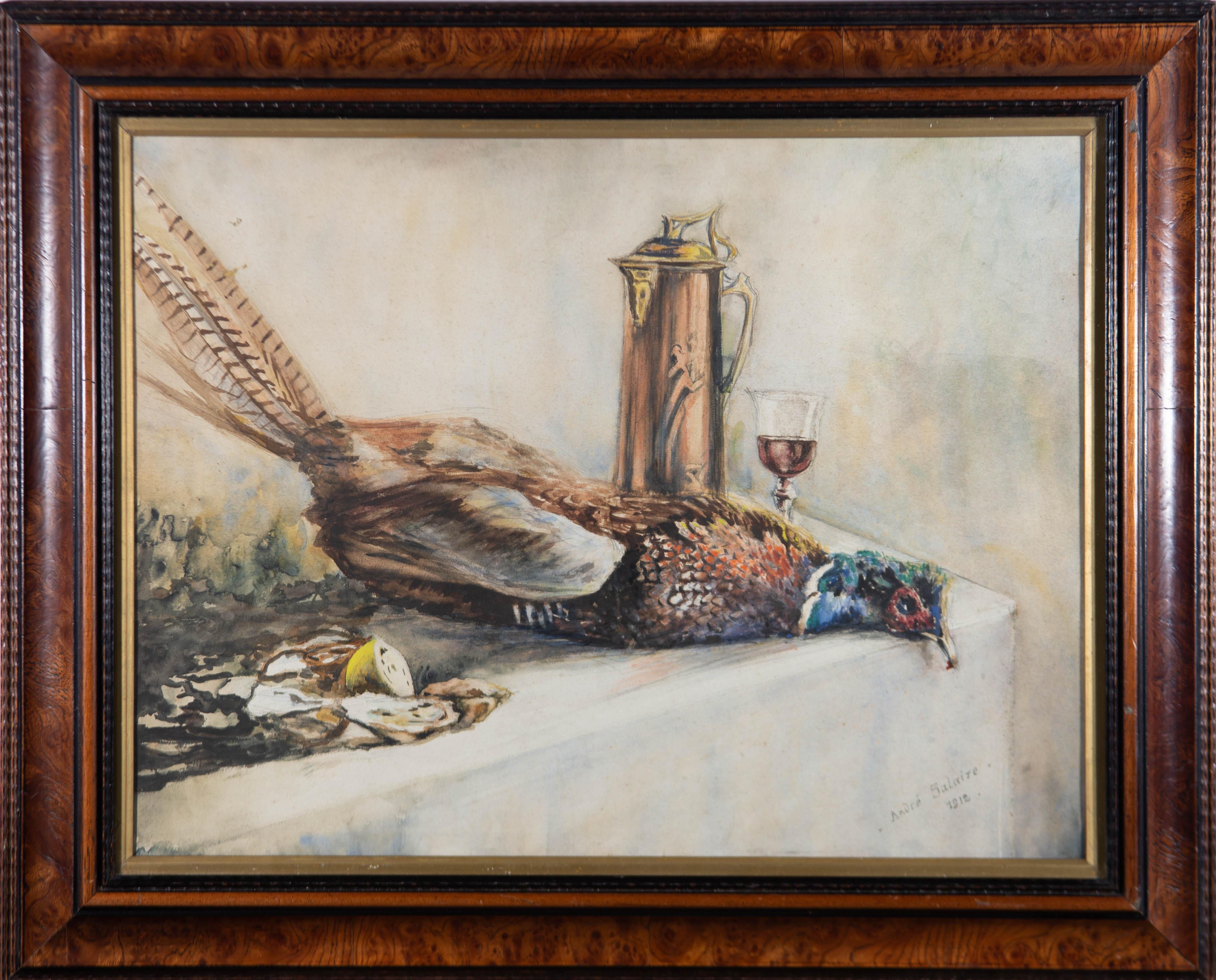 Unknown Still-Life - Andre Salaire - 1912 Watercolour, Still Life With Pheasant And Wine