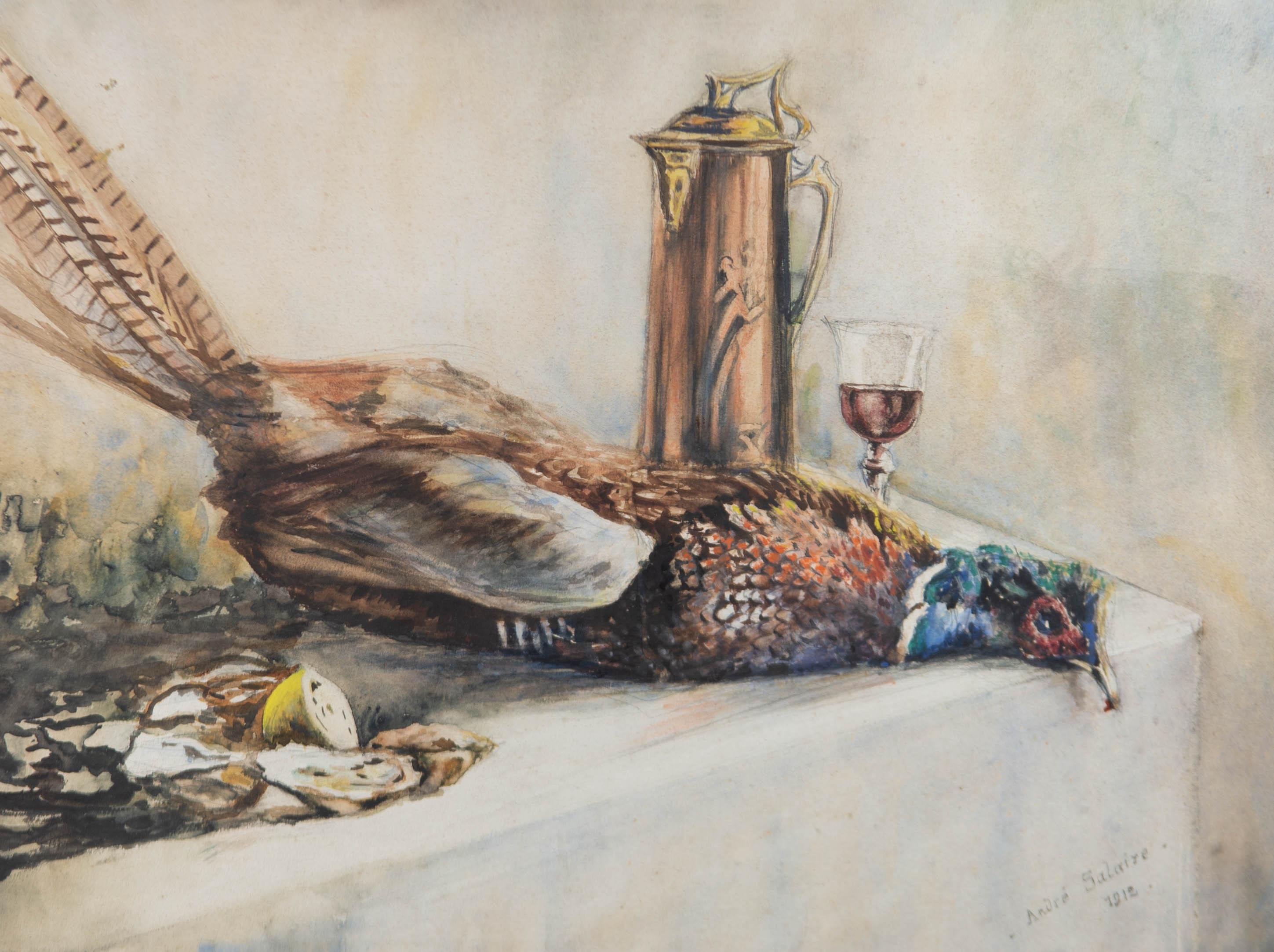 Andre Salaire - 1912 Watercolour, Still Life With Pheasant And Wine - Art by Unknown