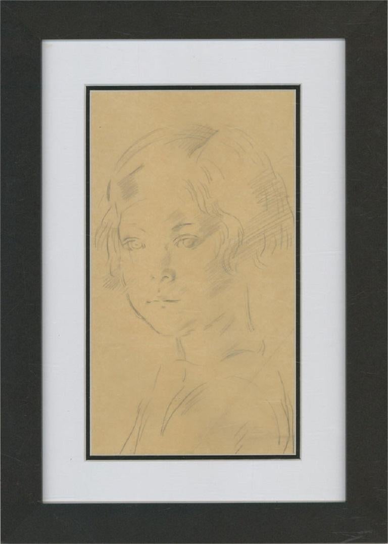 A fine graphite drawing by the artist Alfred Kingsley Lawrence, depicting a young girl. Even though this work is unsigned, it belongs to a collection by the artist. Well-presented in a double card mount and in a simple contemporary black frame. On
