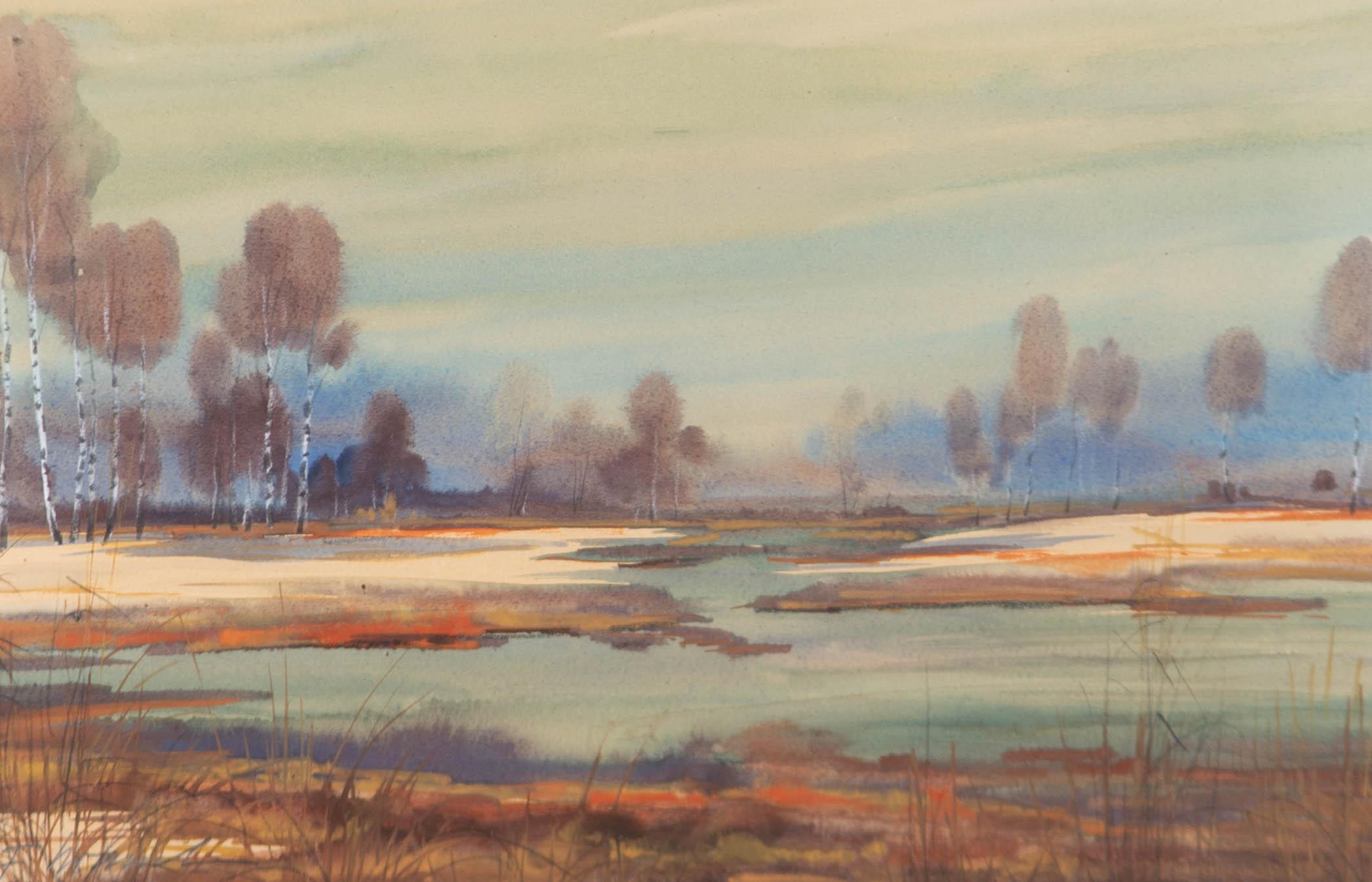 Fritz Kraml (1916-1988) – A Misty Moor, Aquarell des 20. Jahrhunderts (Beige), Landscape Art, von Unknown