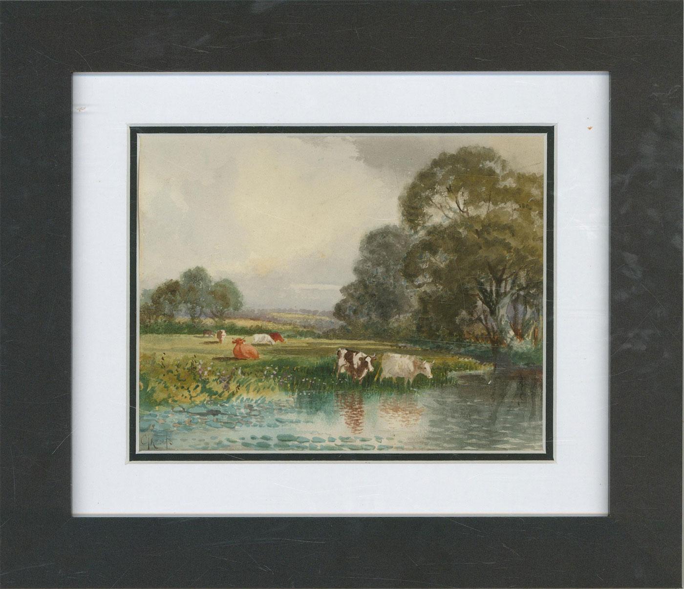 Unknown Landscape Art - C.J. Keats RBA - Late 19th Century Watercolour, Cows Beside the River