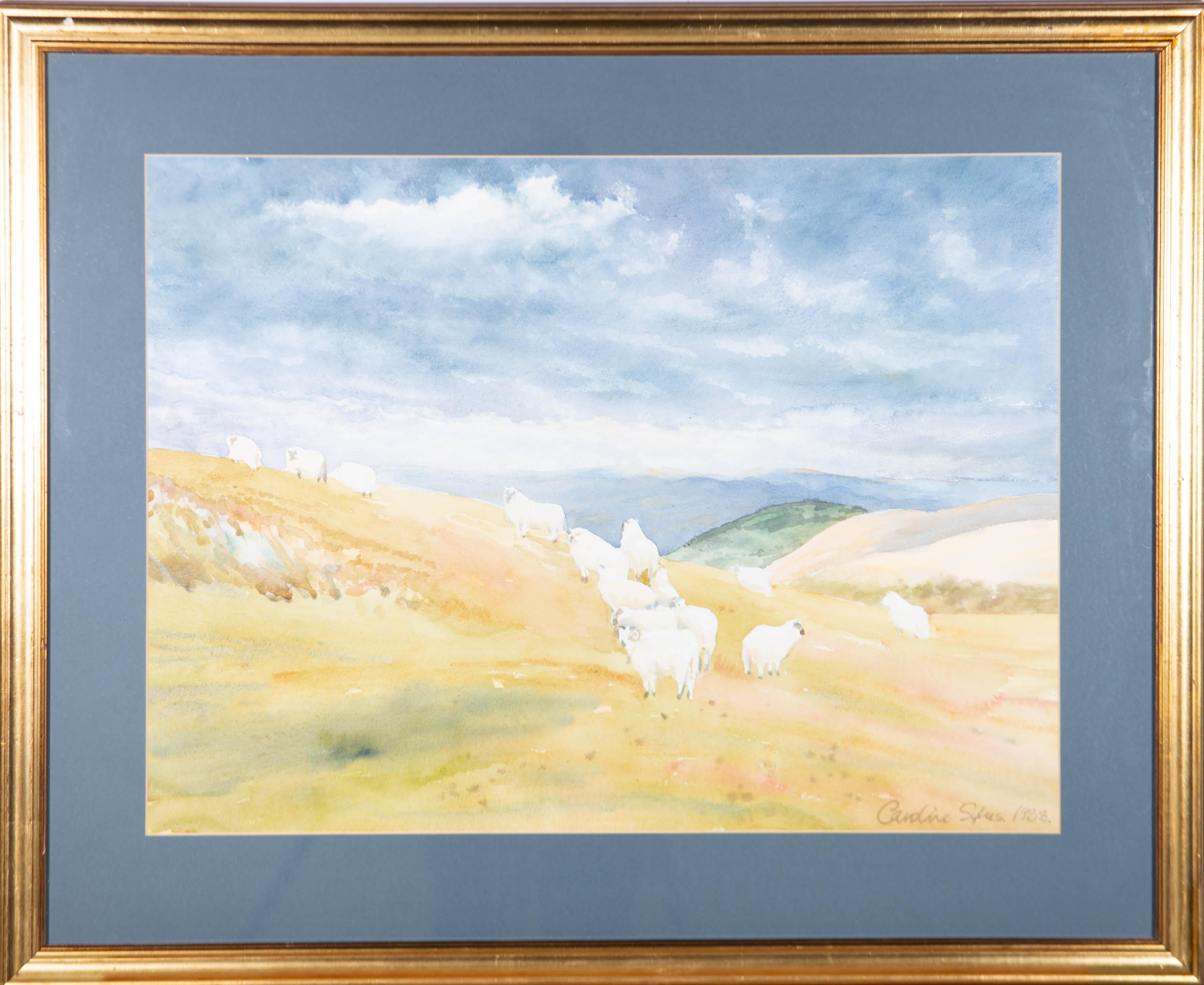 Unknown Landscape Art - Caroline Sykes - Framed 1988 Watercolour, Welsh Landscape with Sheep