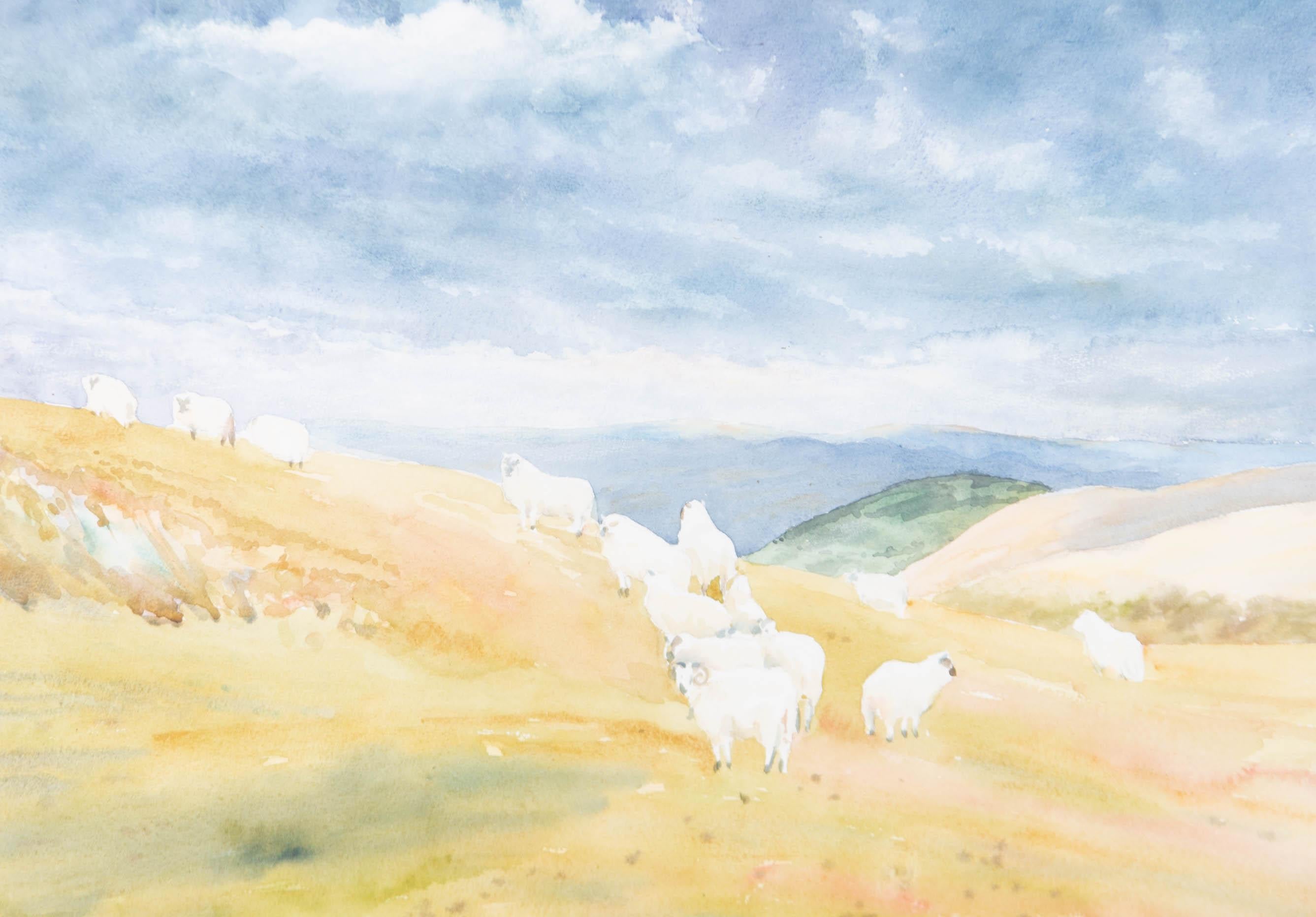 Caroline Sykes - Framed 1988 Watercolour, Welsh Landscape with Sheep - Art by Unknown