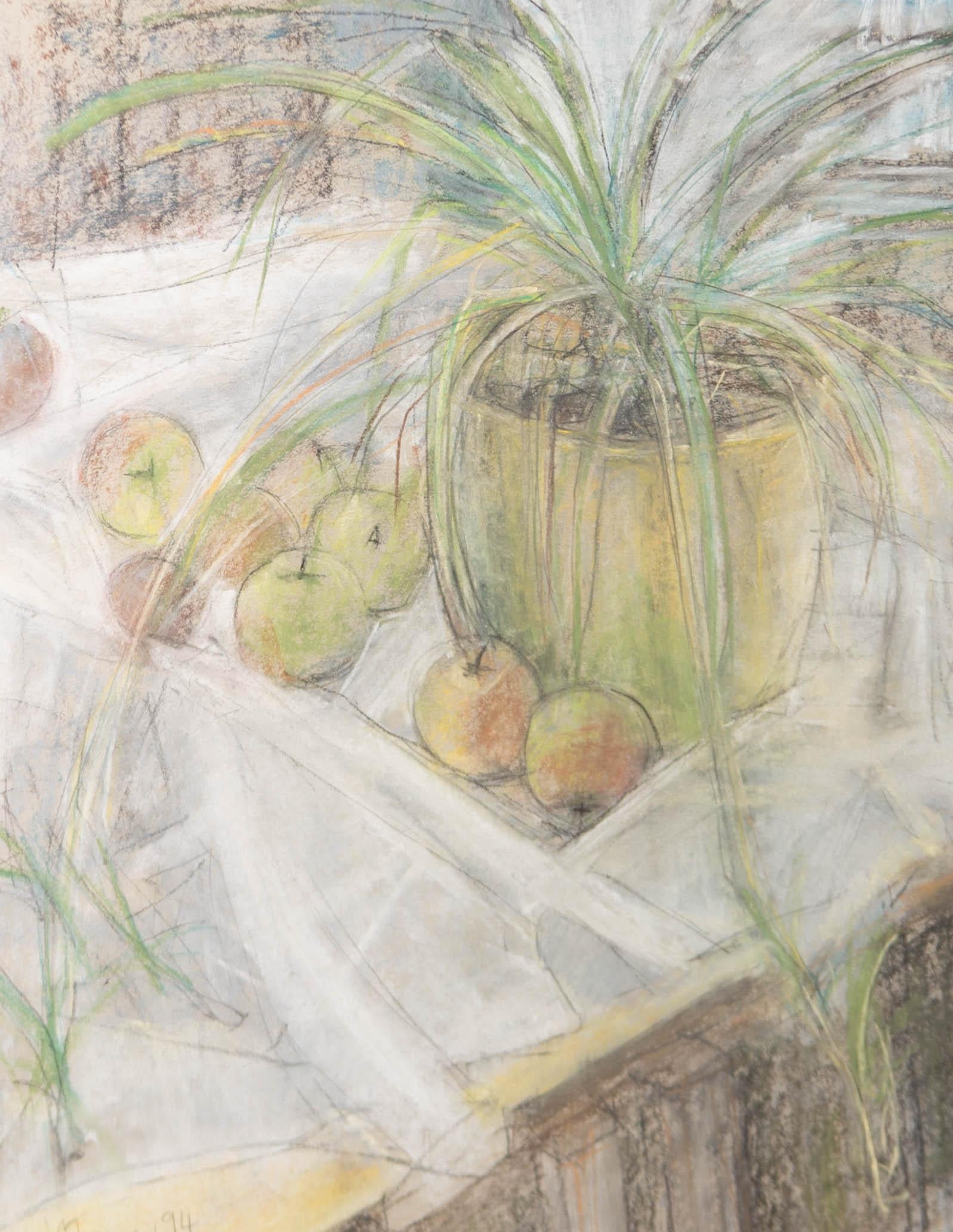 Val Hamer - 1994 Pastel, Pot Plant and Apples - Art by Unknown
