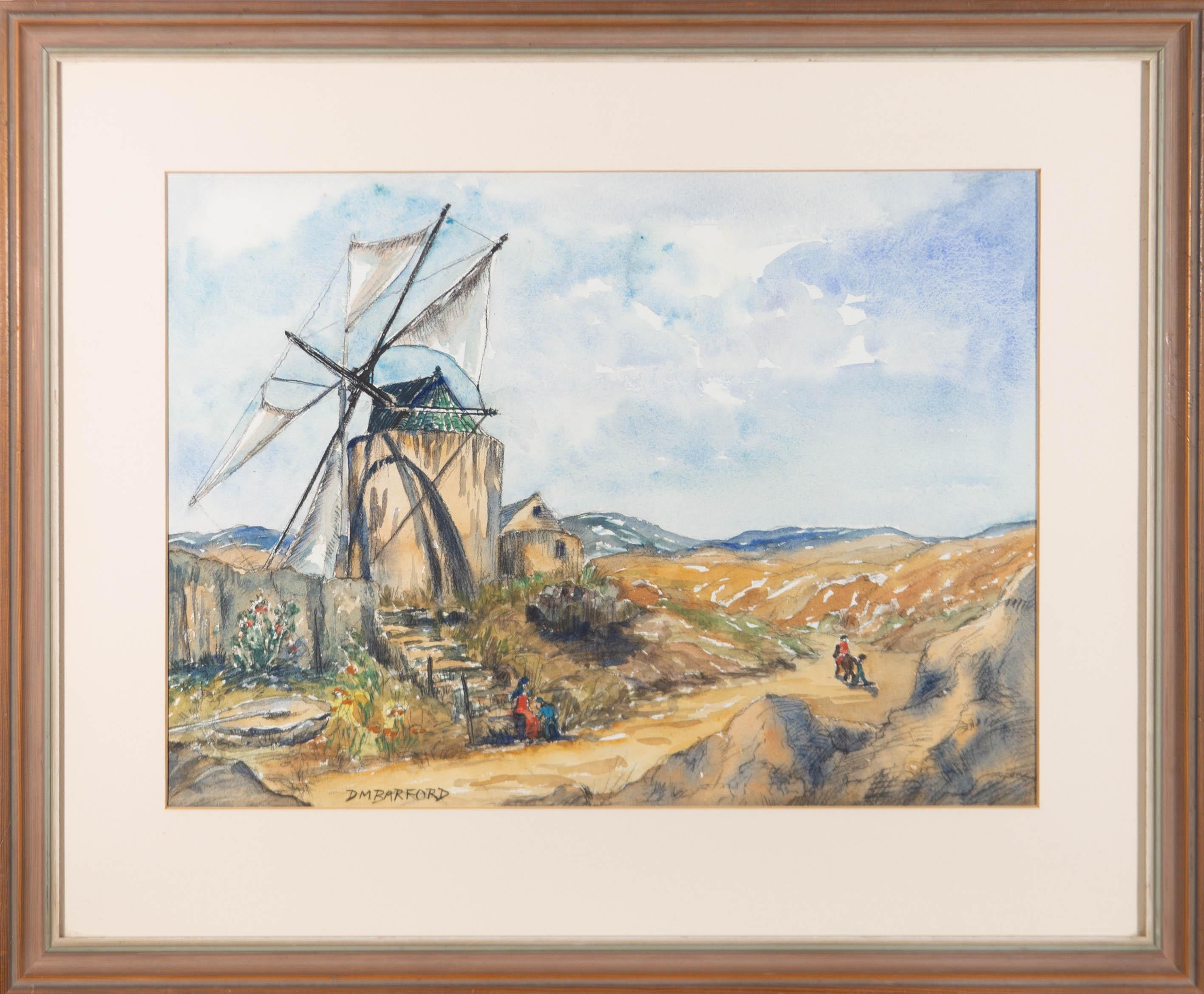 Unknown Landscape Art - D. M. Barford- Signed & Framed Mid 20th Century Watercolour, Portuguese Windmill