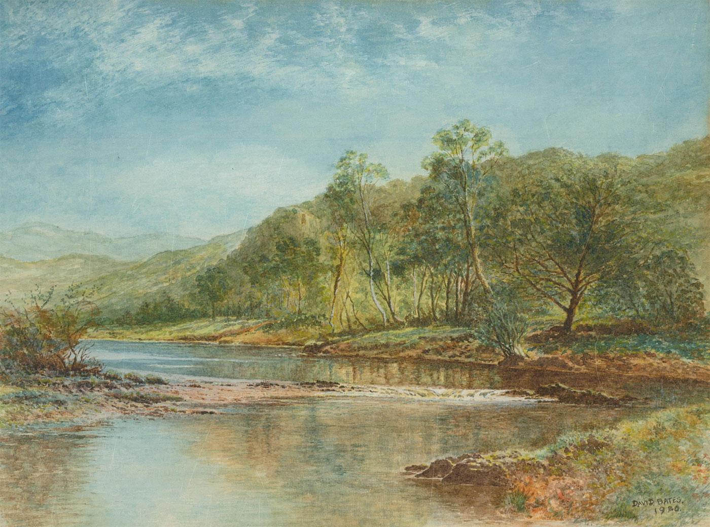 David Bates - Framed 1980 Watercolour, River Landscape - Beige Landscape Art by Unknown