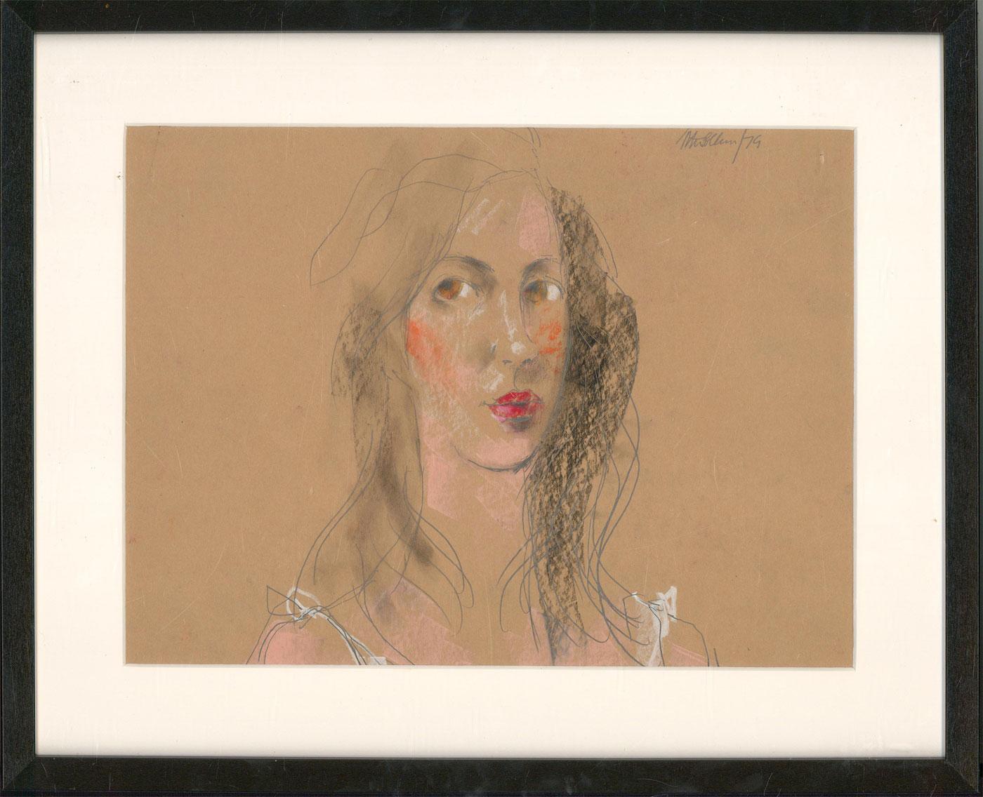 A wonderful portrait of a young woman by the listed British artist Peter Collins. Here he has captured the sitter's effortless beauty with a small number of expressive pencil marks and swatches of colour. Very well presented in a contemporary black