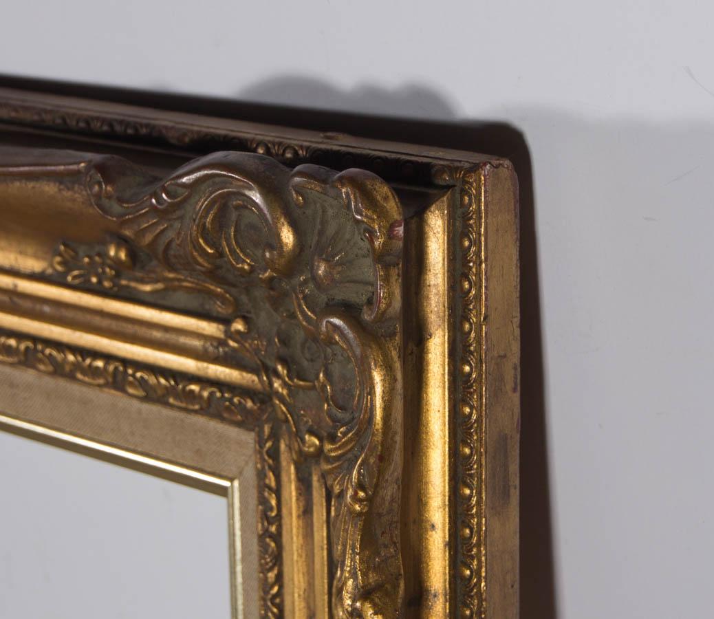 Ornate moulded and gilded wood frame with a linen slip and gilded inner border. Unsigned. On Wood.
