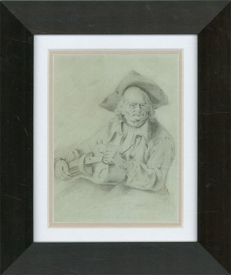 Unknown Portrait - Framed Mid 19th Century Graphite Drawing - Old Man with an Organ