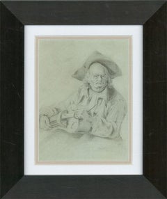 Framed Mid 19th Century Graphite Drawing - Old Man with an Organ