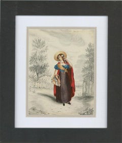 Antique Framed Early 19th Century Watercolour - Regency Lady with Red Cloak