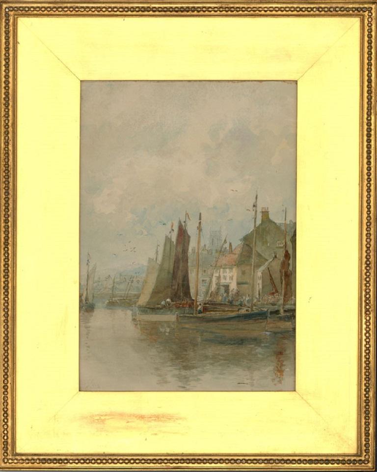 Unknown Figurative Art - Framed 1913 Watercolour - Busy Harbour Scene