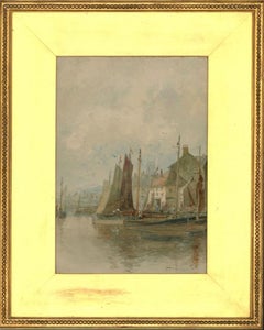 Framed 1913 Watercolour - Busy Harbour Scene