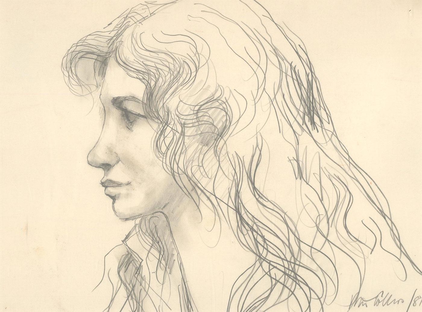 Peter Collins ARCA - Signed 1981 Graphite Drawing, Woman in Profile 1