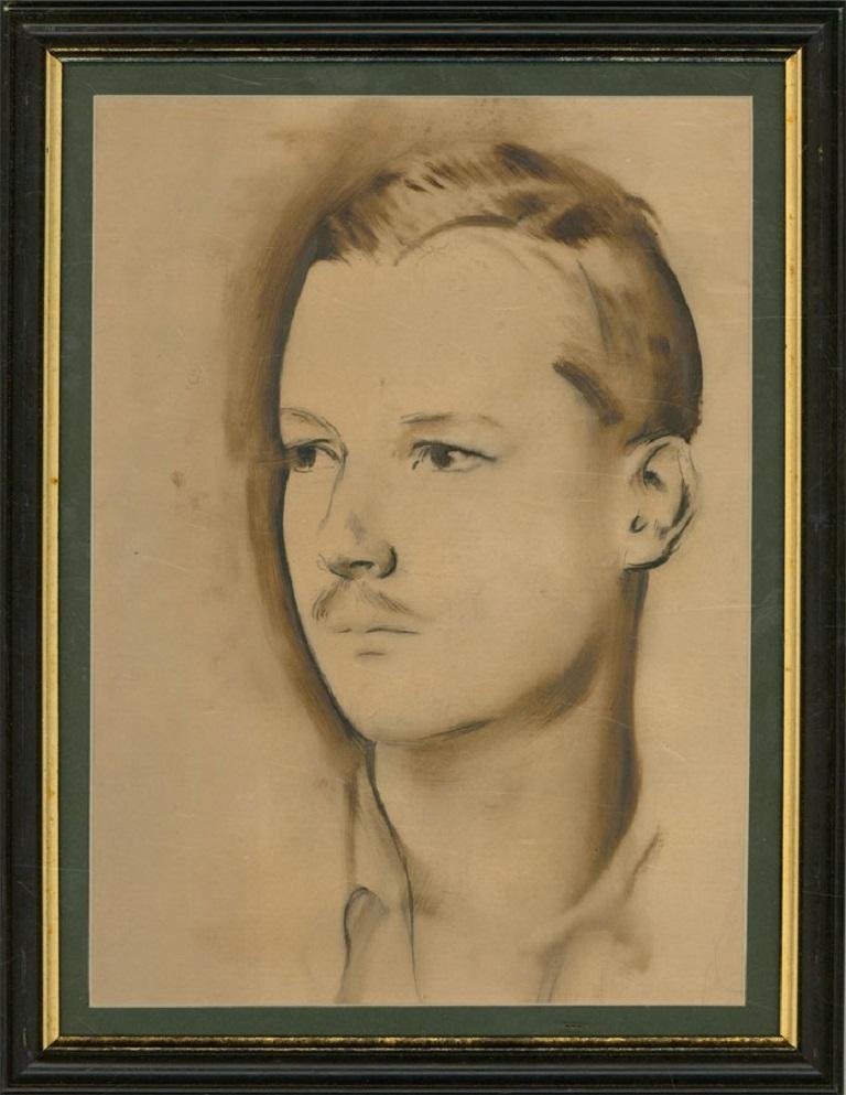 A striking portrait by the British artist ;Alfred Kingsley Lawrence RA (1893-1975). This handsome young gentleman with kind eyes and moustache could possibly be a self portrait by Kingsley Lawrence. The artist has used a mix of charcoal and ink to