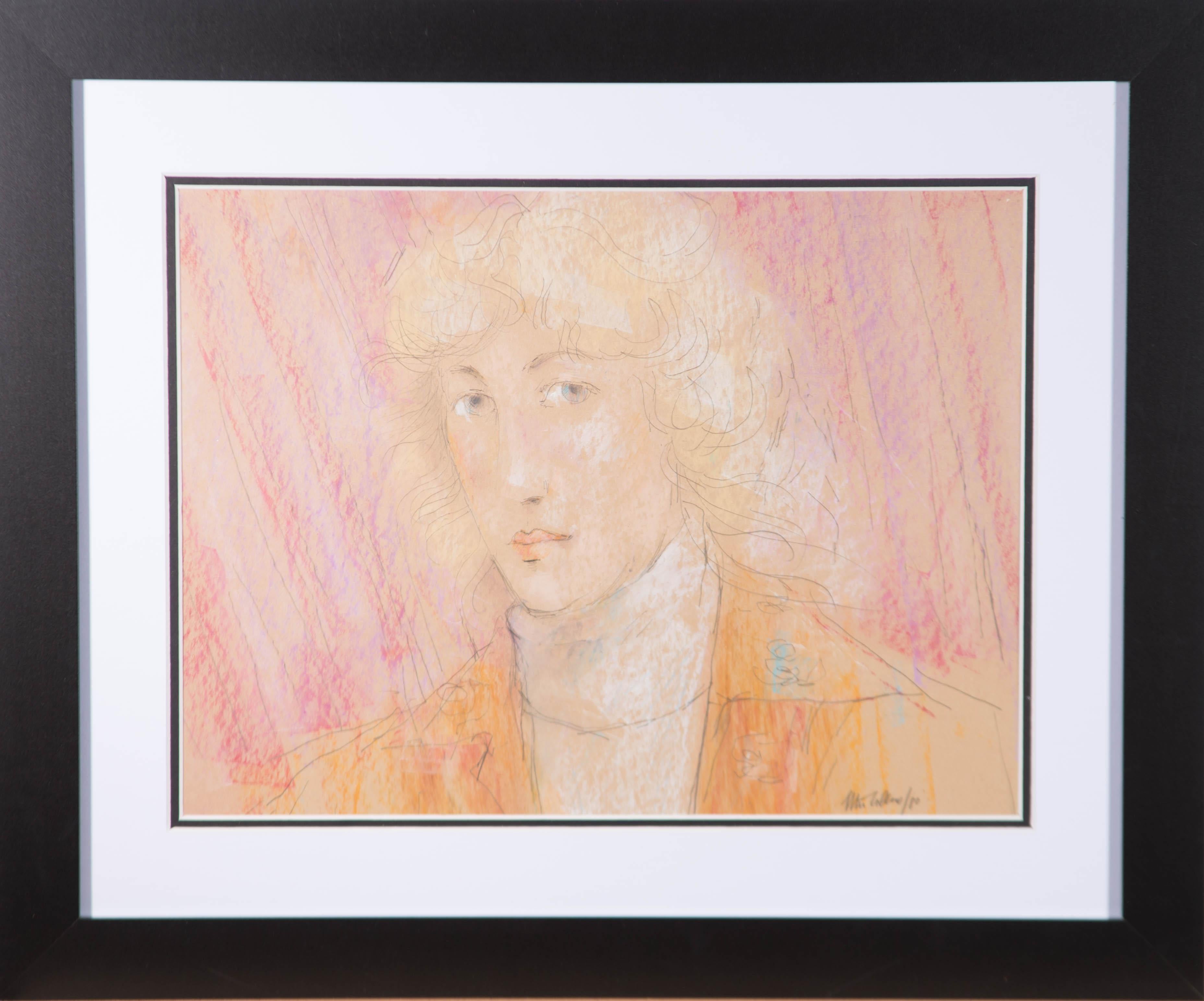 A wonderful portrait of a young woman by the listed British artist Peter Collins. Here he has captured the sitter's effortless beauty with a small number of expressive pencil marks and swatches of colour. Very well presented in a contemporary black