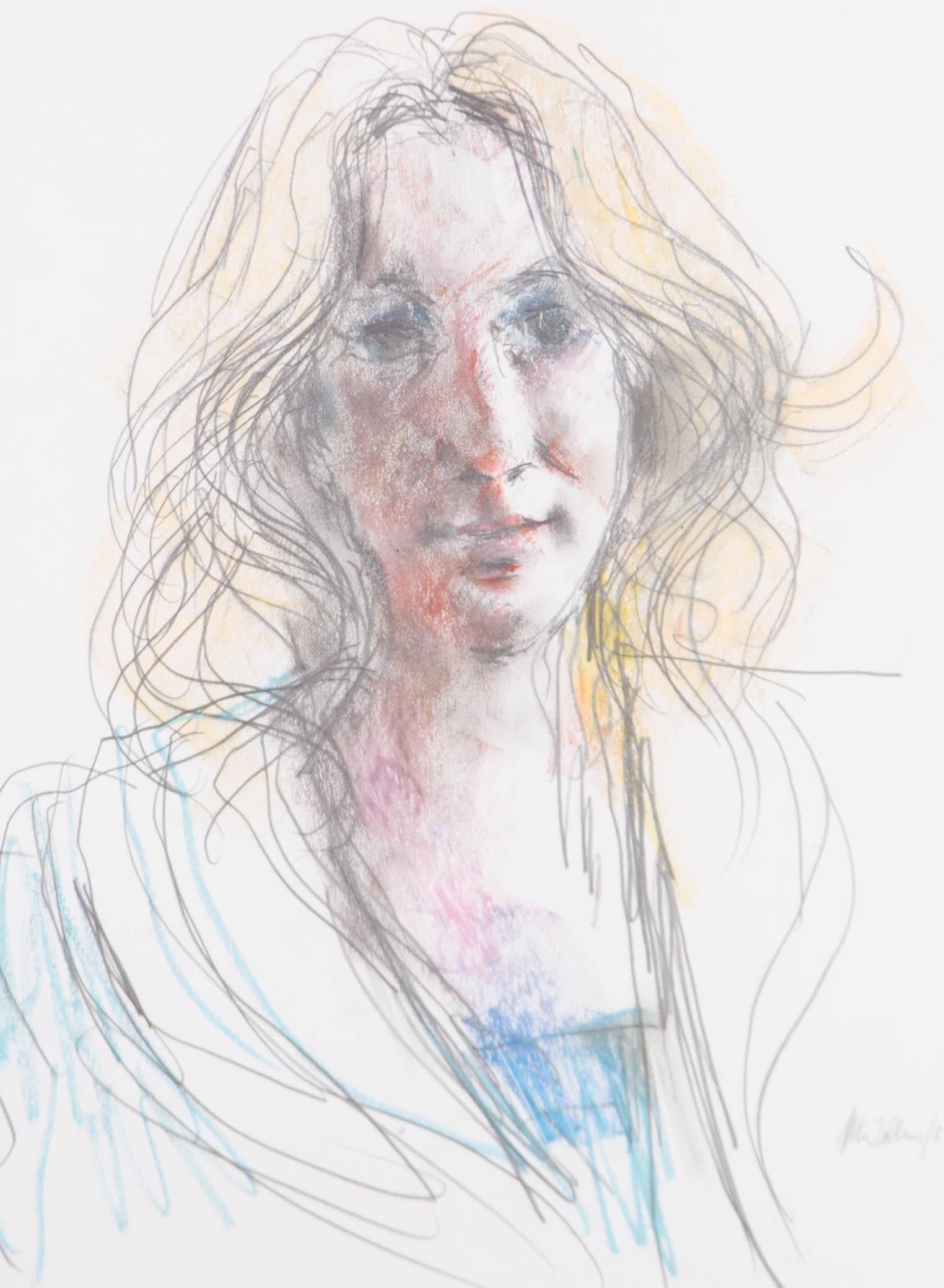 A wonderful portrait of a young woman by the listed British artist Peter Collins. Here he has captured the sitter's effortless beauty with a small number of expressive pencil marks and swatches of oil pastel. Very well presented in a contemporary