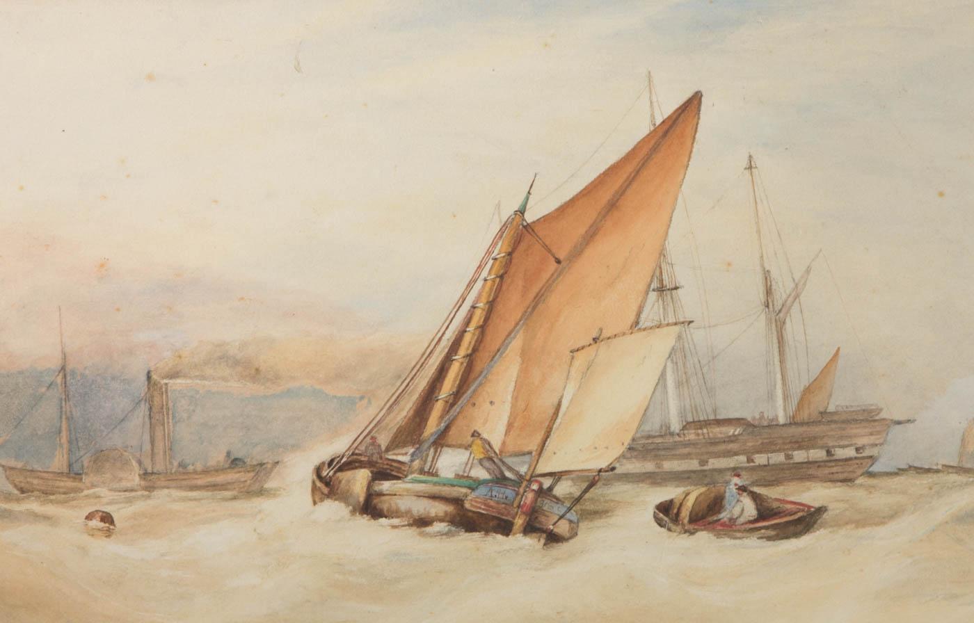 A.H. - 1885 Watercolour, Boats at Sea - Beige Figurative Art by Unknown