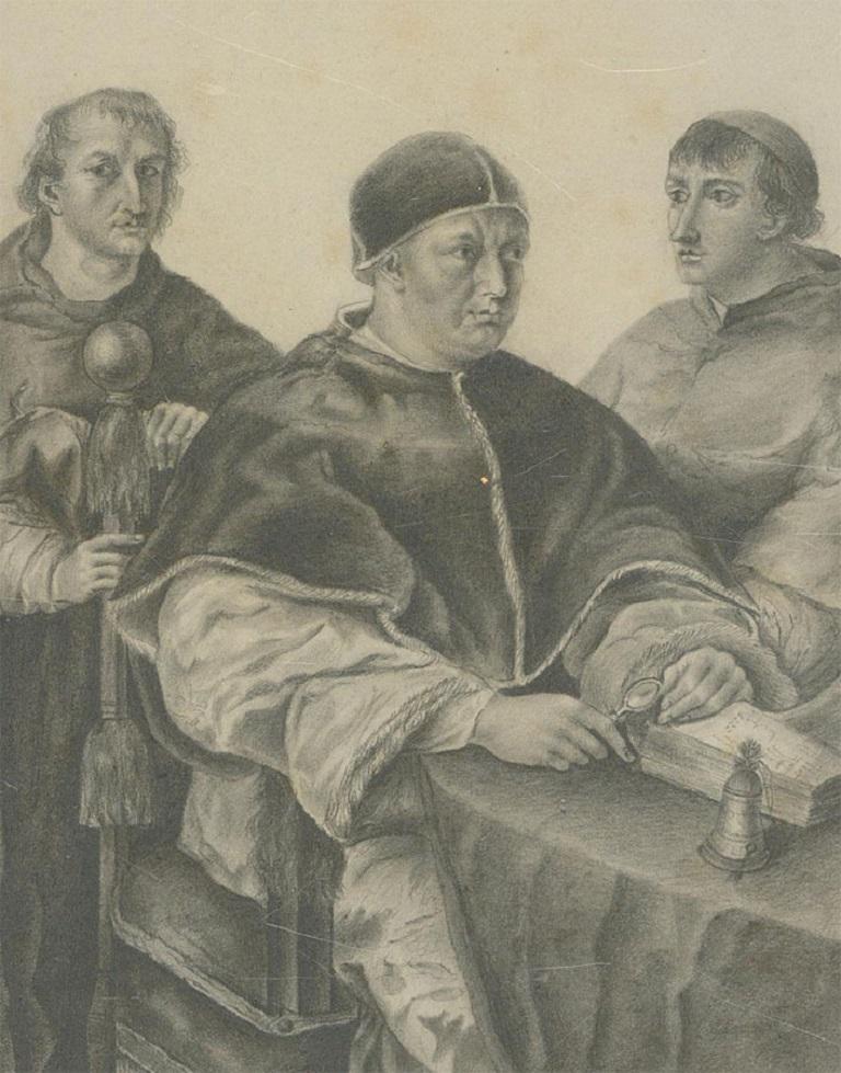 A meticulously detailed 19th Century copy of Raphael's 'Portrait of Leo X', depicting a seated Pope Leo X with two cardinals either side of him. These additional figures are usually identified as ;Giulio di Giuliano de' Medici and ;Luigi de'