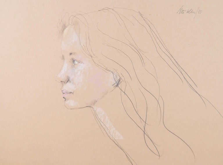 Peter Collins ARCA - 1980 Graphite Drawing, Woman with Long Hair - Beige Portrait by Peter Collins ARCA