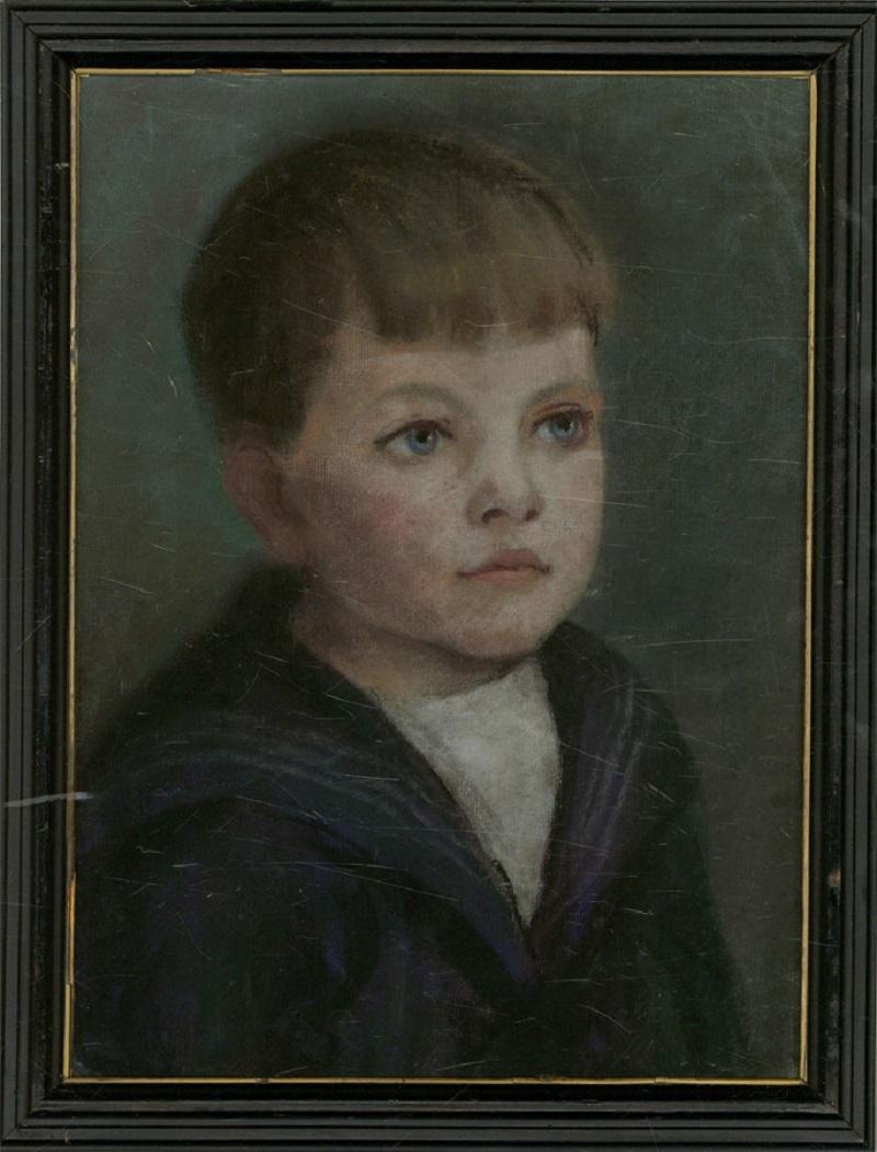 A delicate pastel portrait of a young boy dressed in a sailor suit, which was popular attire for young children during the late 19th and early 20th century. Presented in a black frame with gilt detail. Unsigned. On laid.

