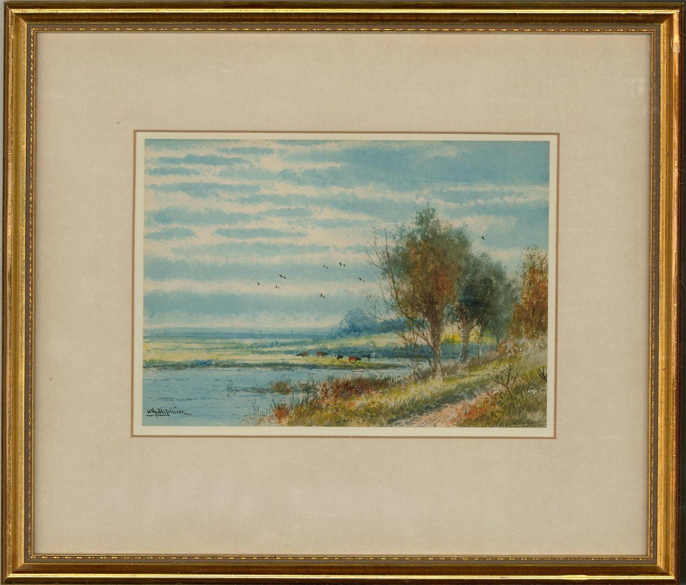 Unknown Landscape Art - Abraham Hulk Junior (1851-1922) - Watercolour, Cattle in a Water Meadow