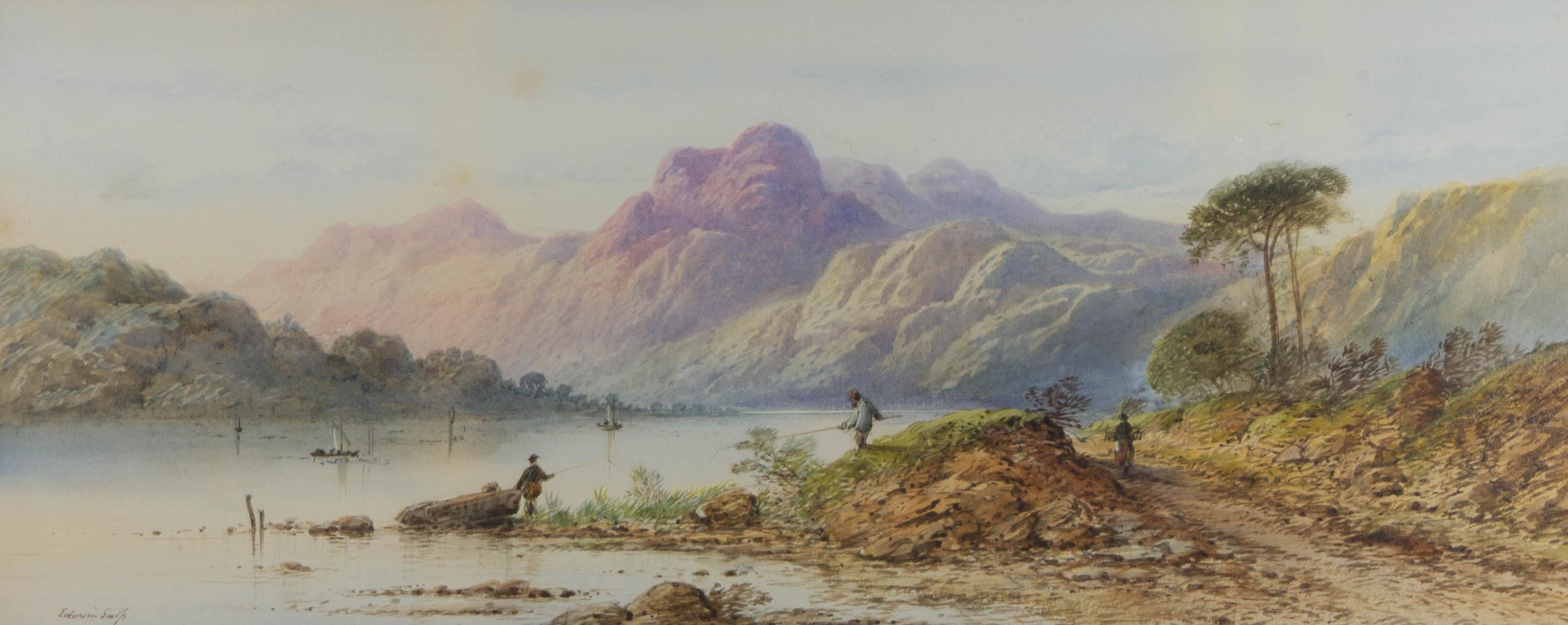 A fine and captivating watercolour painting with gouache details by the artist Edwin Earp. The scene depicts a landscape view with fishermen, small boats and mountains in the distance. Signed to the lower left-hand corner. Well-presented in a