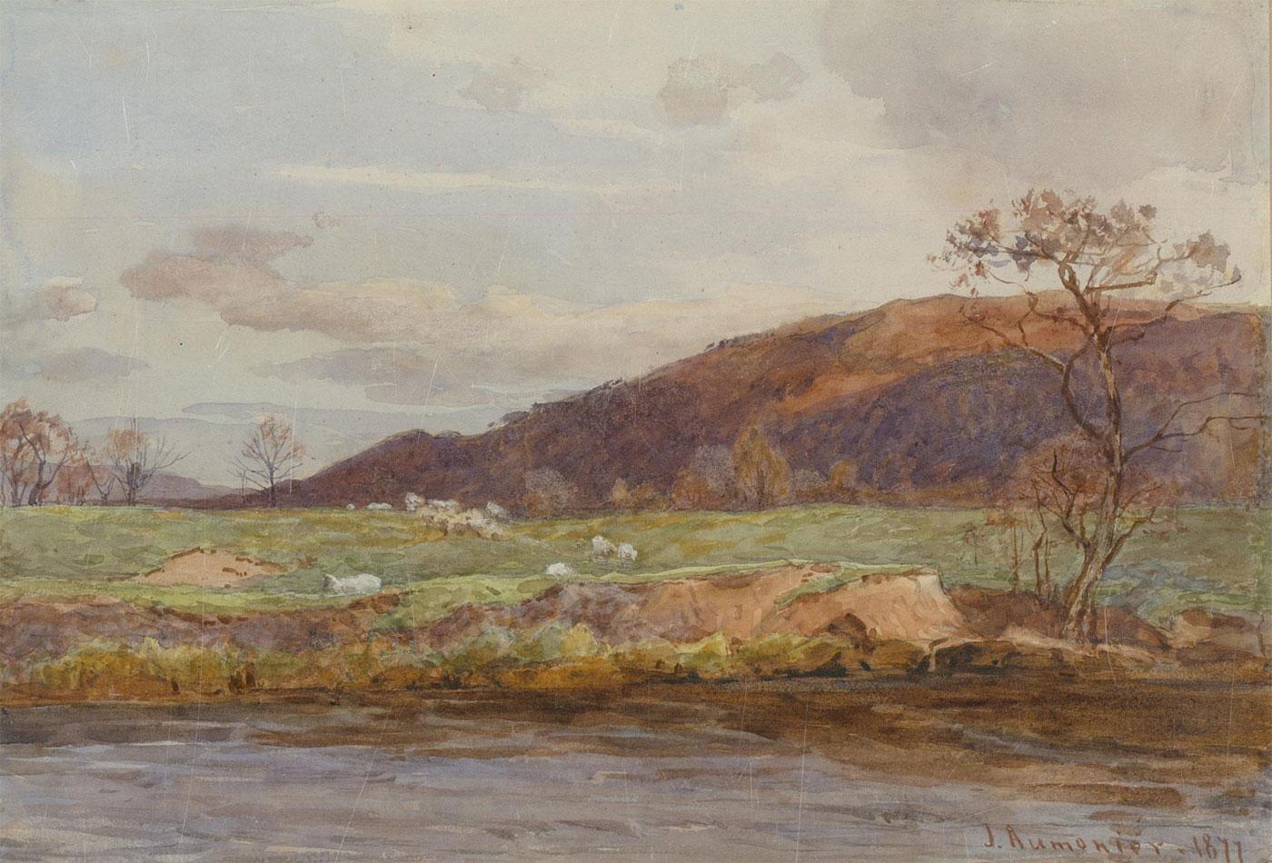 James Aumonier (1832â€“1911) - 1877 Watercolour, Sheep Grazing By The River 1
