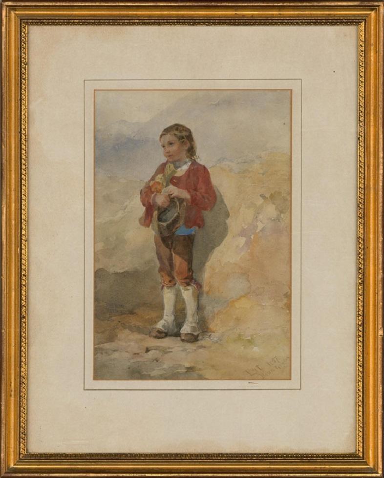 Unknown Portrait - T. W. T.. - Signed & Framed 1857 Watercolour, Pyrenean Mountain Boy