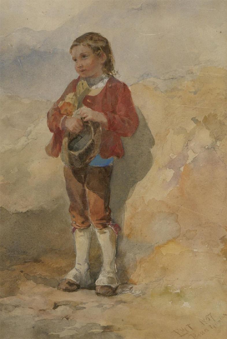 T. W. T.. - Signed & Framed 1857 Watercolour, Pyrenean Mountain Boy - Brown Portrait by Unknown