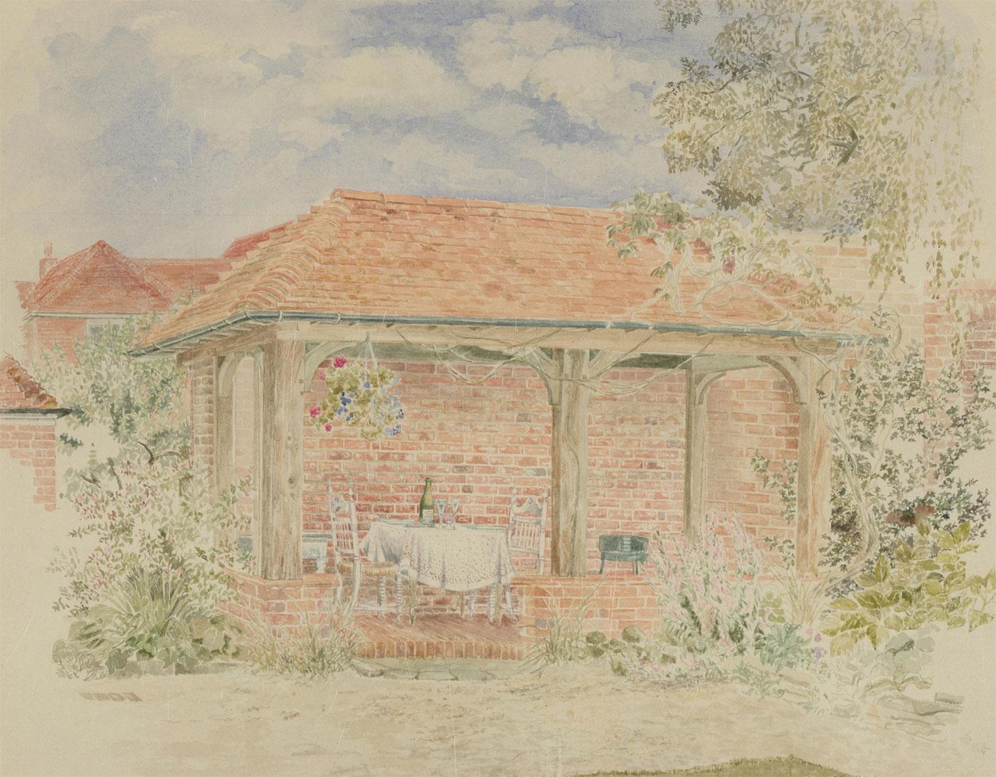 P.A. Williams - 1986 Watercolour, Garden Lunch - Beige Landscape Art by Unknown