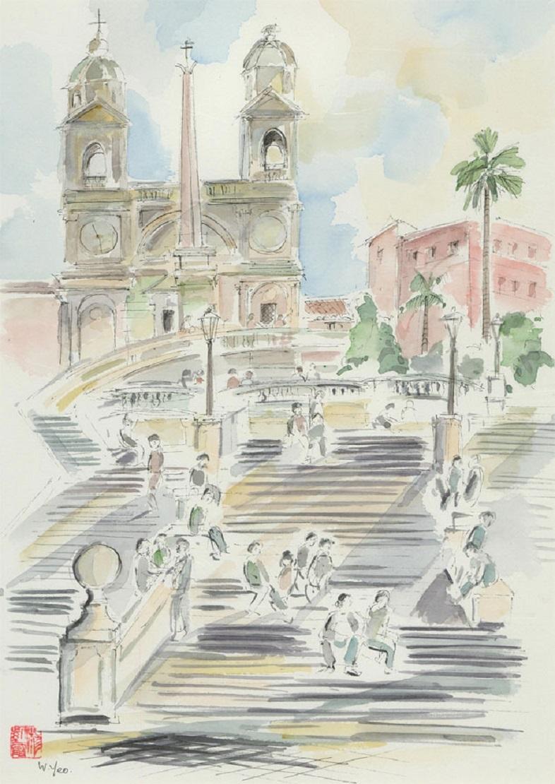 A fine and delicate watercolour painting with pen and ink by the Hong Kong born artist Wendy Yeo. The scene depicting a view of the famous Spanish Steps in Rome, Italy. Signed to the lower left-hand corner. Well-presented in a white card mount and