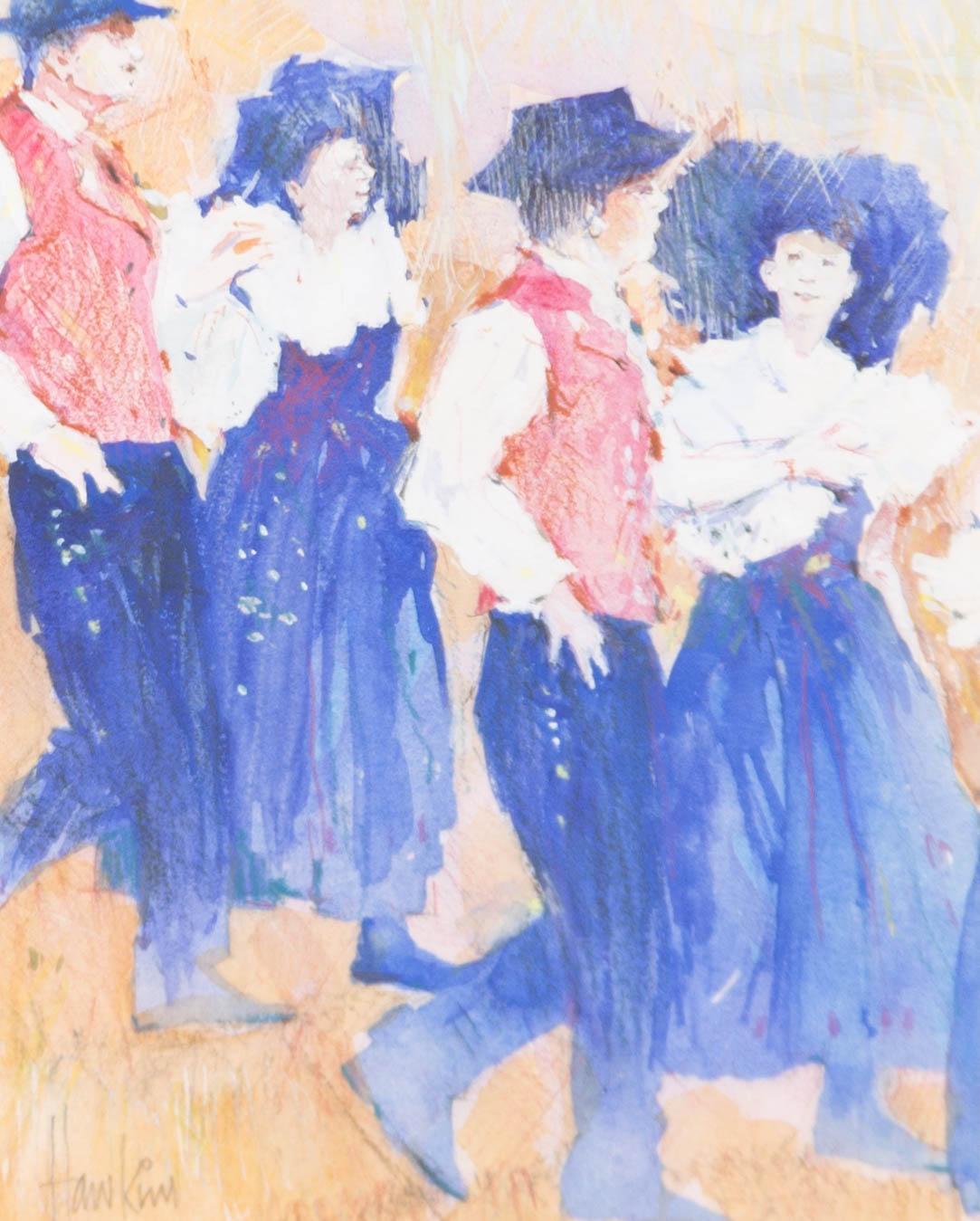 Des Hawkins - Framed Contemporary Watercolour, Colmar Dancers - Gray Figurative Art by Unknown