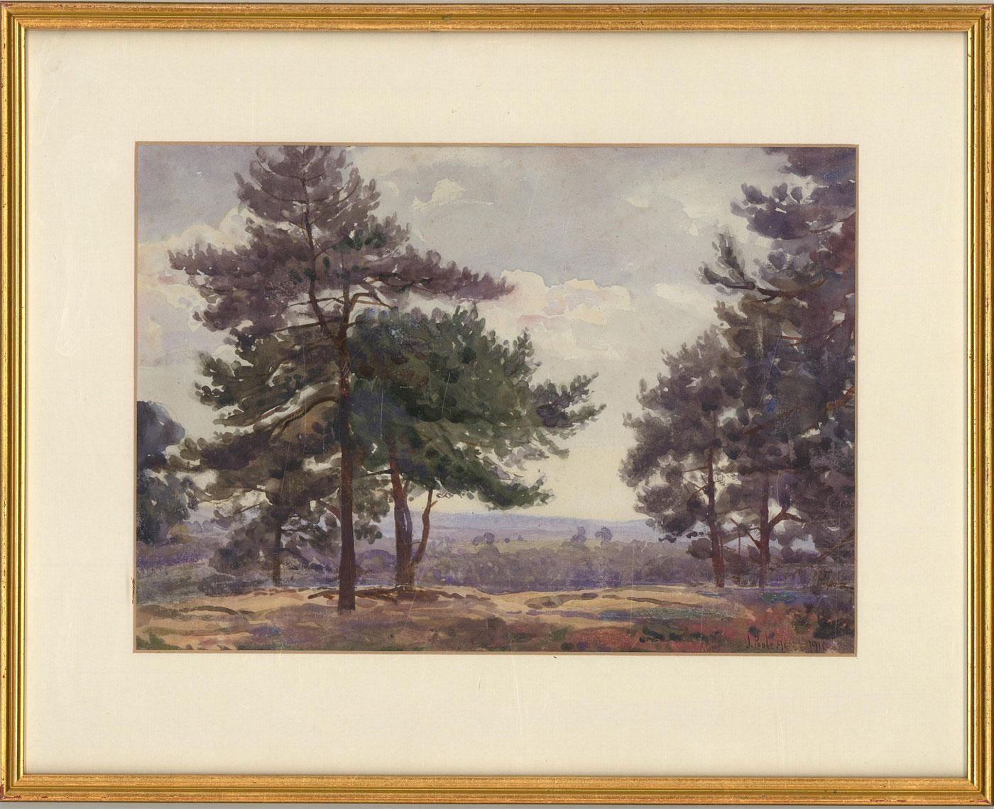 A captivating watercolour painting by well-listed Irish artist Joseph Poole Addey. The scene depicts a landscape view with several trees at Oxshott Heath, Surrey. Signed and dated to the lower right-hand corner. Well-presented in a white card mount