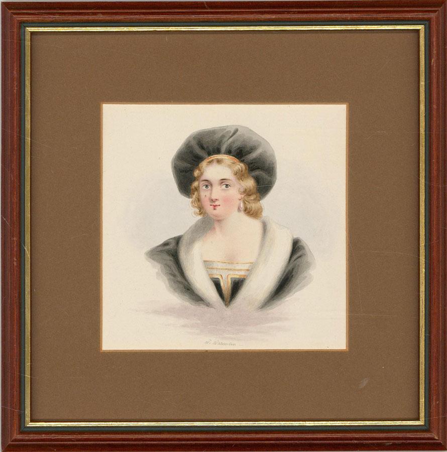 An elegant and graceful study of a woman. Each miniature brushstroke is calculated and carefully crafted. The overall results are truly beautiful. Well presented in a wood frame with a gilded inner border and a brown mountboard.

Signed. On wove.