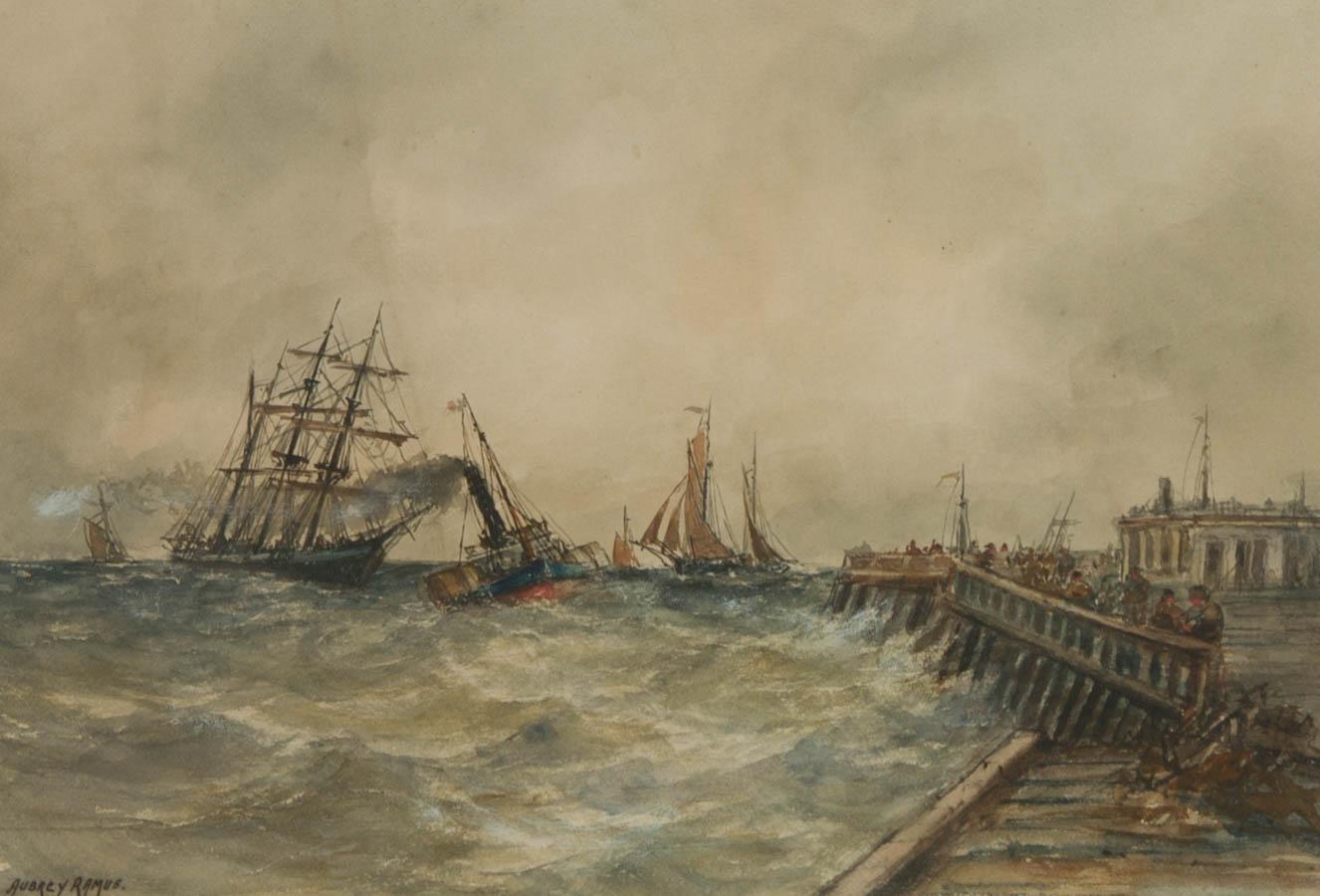 Aubrey Ramus - Early 20th Century Watercolour, Storm at Sea - Beige Figurative Art by Unknown
