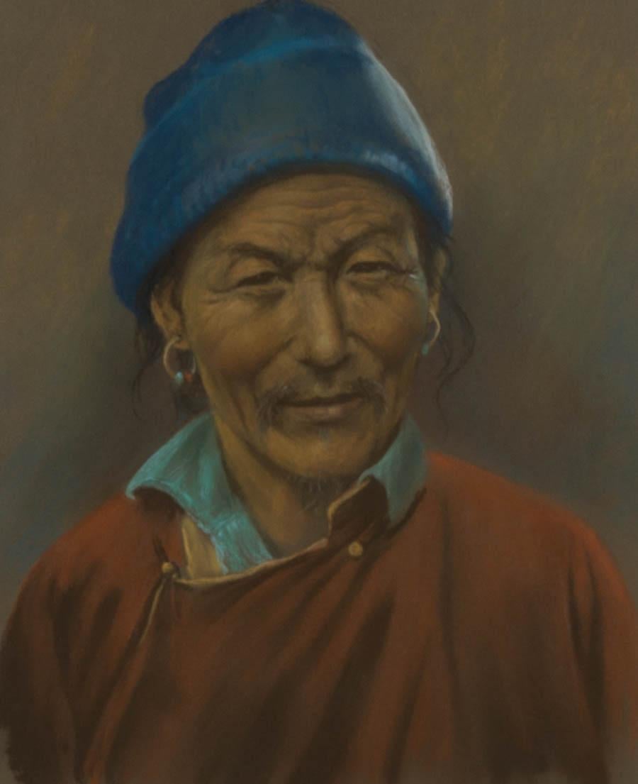 J.A. Hulbert (1900-1979) - Framed 20th Century Pastel, Man with Blue Hat 1