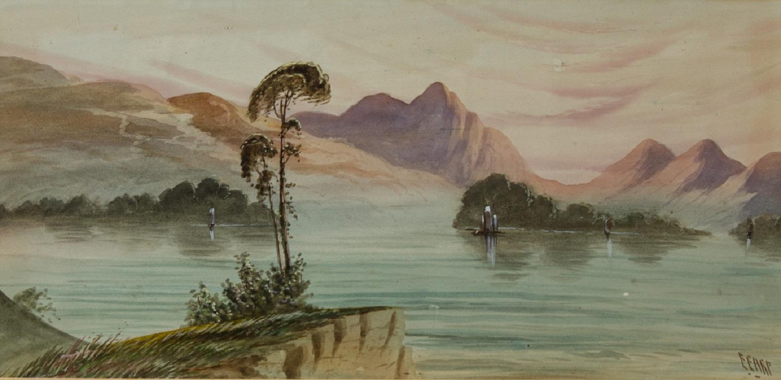 Edwin Earp (1851-1945) - Pair of Watercolours, Calm Lake Scene with Boats 1